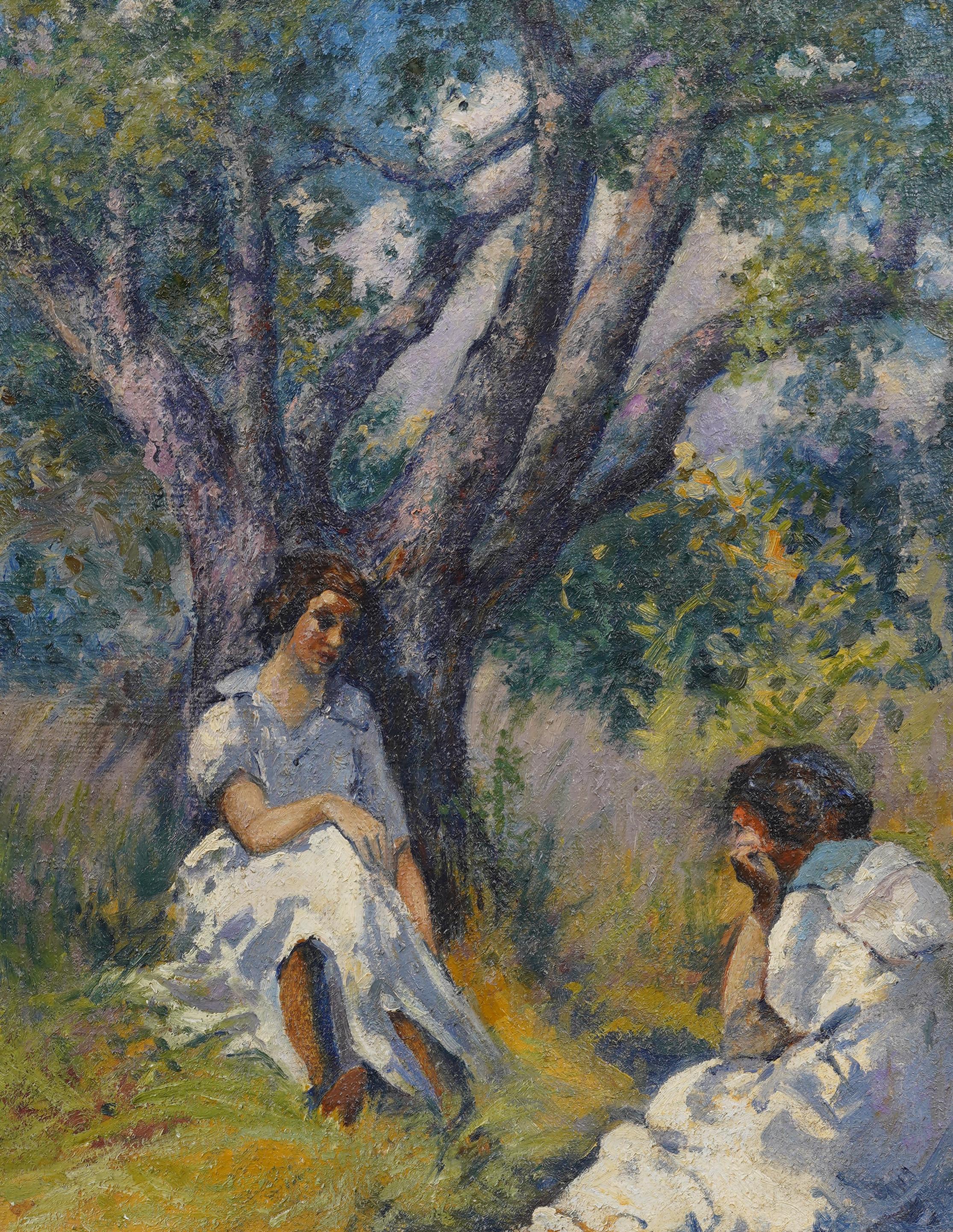 Large Antique American Impressionist Nicely Framed Picnic Landscape Oil Painting For Sale 3