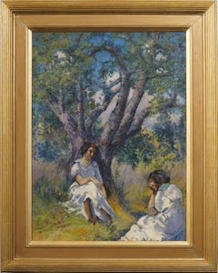 Großes antikes amerikanisches impressionistisches Gemälde, gut gerahmte Picnic-Landschaft, Ölgemälde