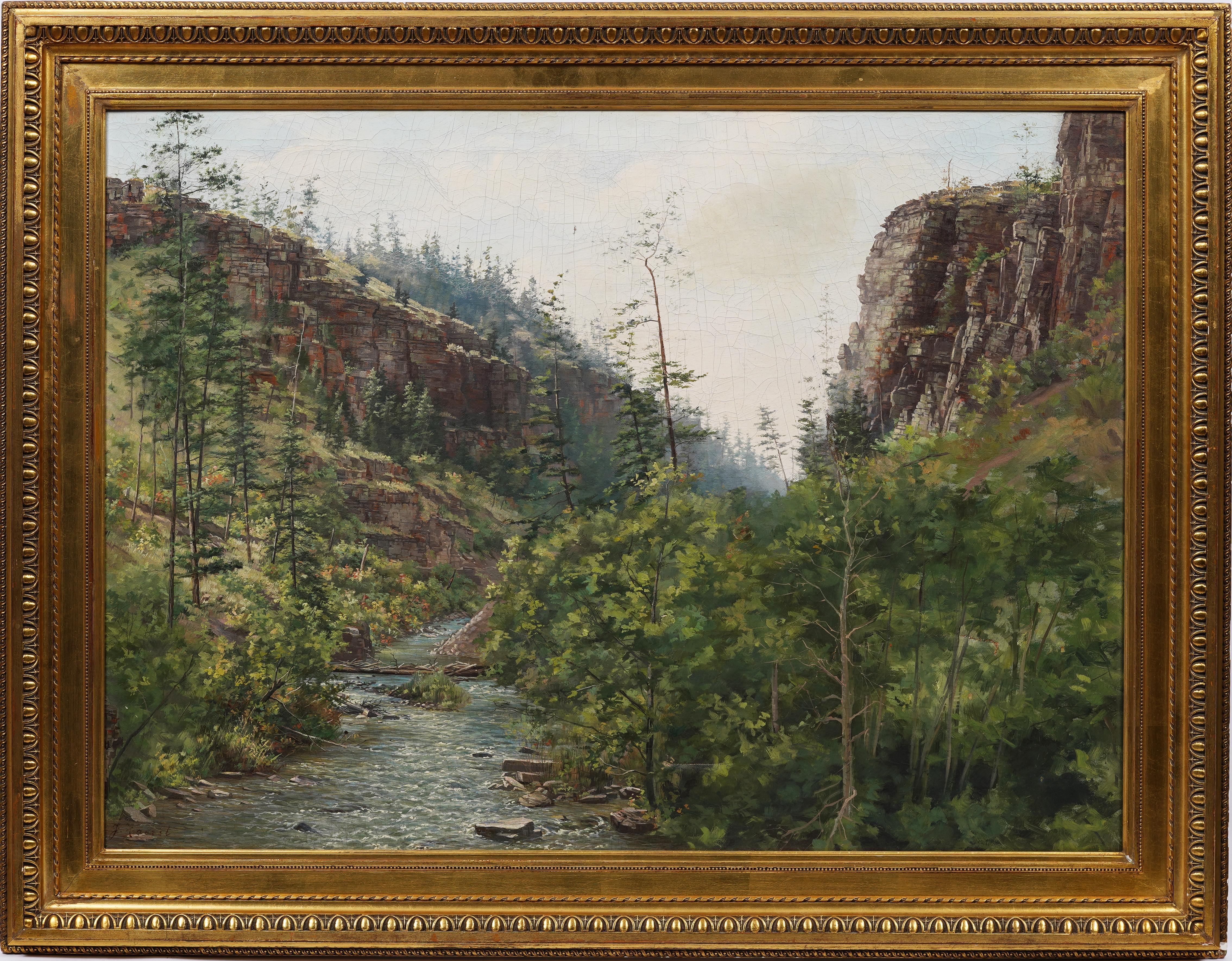 Antique American impressionist river gorge landscape painting.  Oil on canvas.  Framed.  Image size, 37L x 27H.   Very finely framed.  Signed illegibly.  


