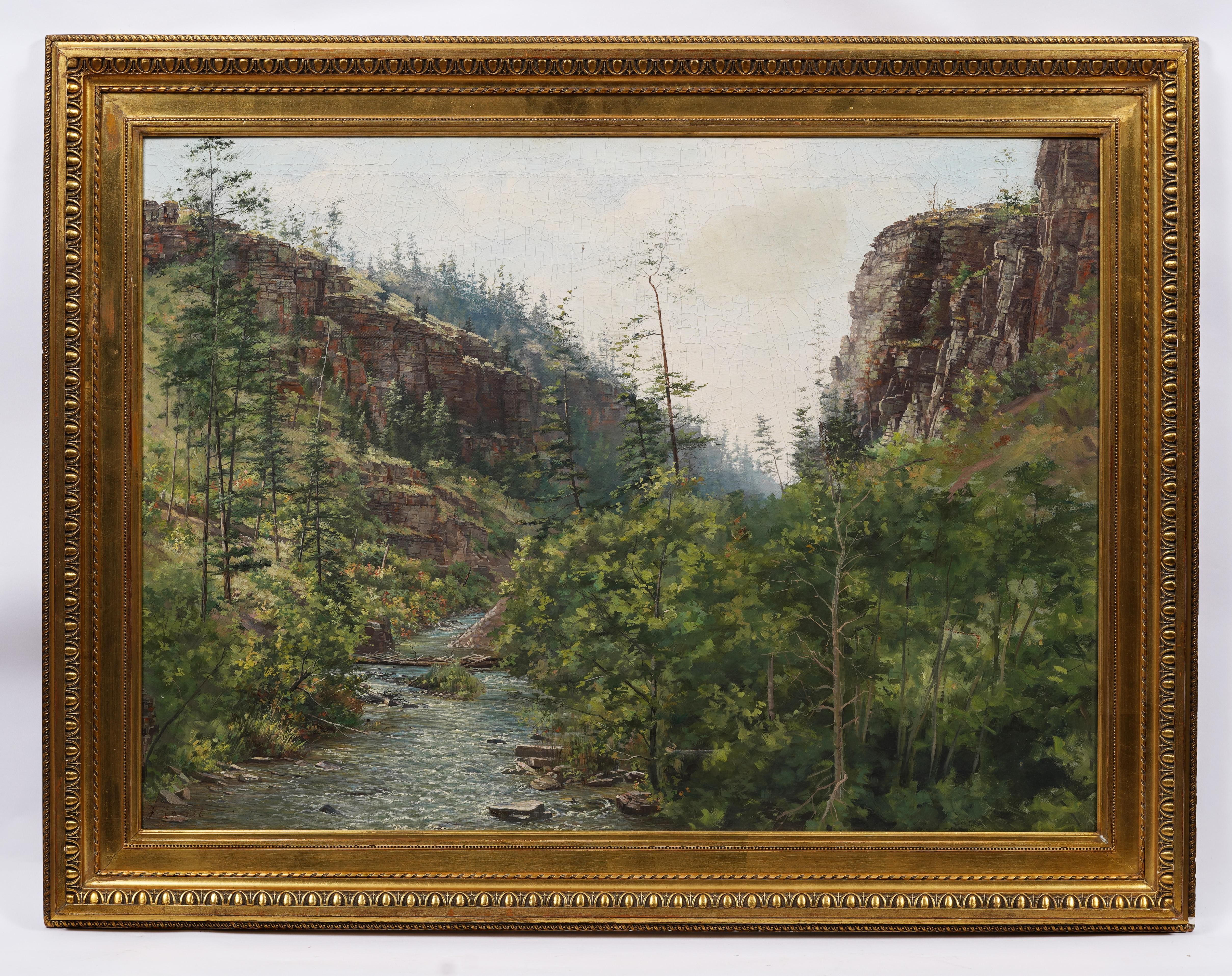 Großes antikes amerikanisches impressionistisches gerahmtes Landschaftsgemälde, River Valley, Ölgemälde (Impressionismus), Painting, von Unknown