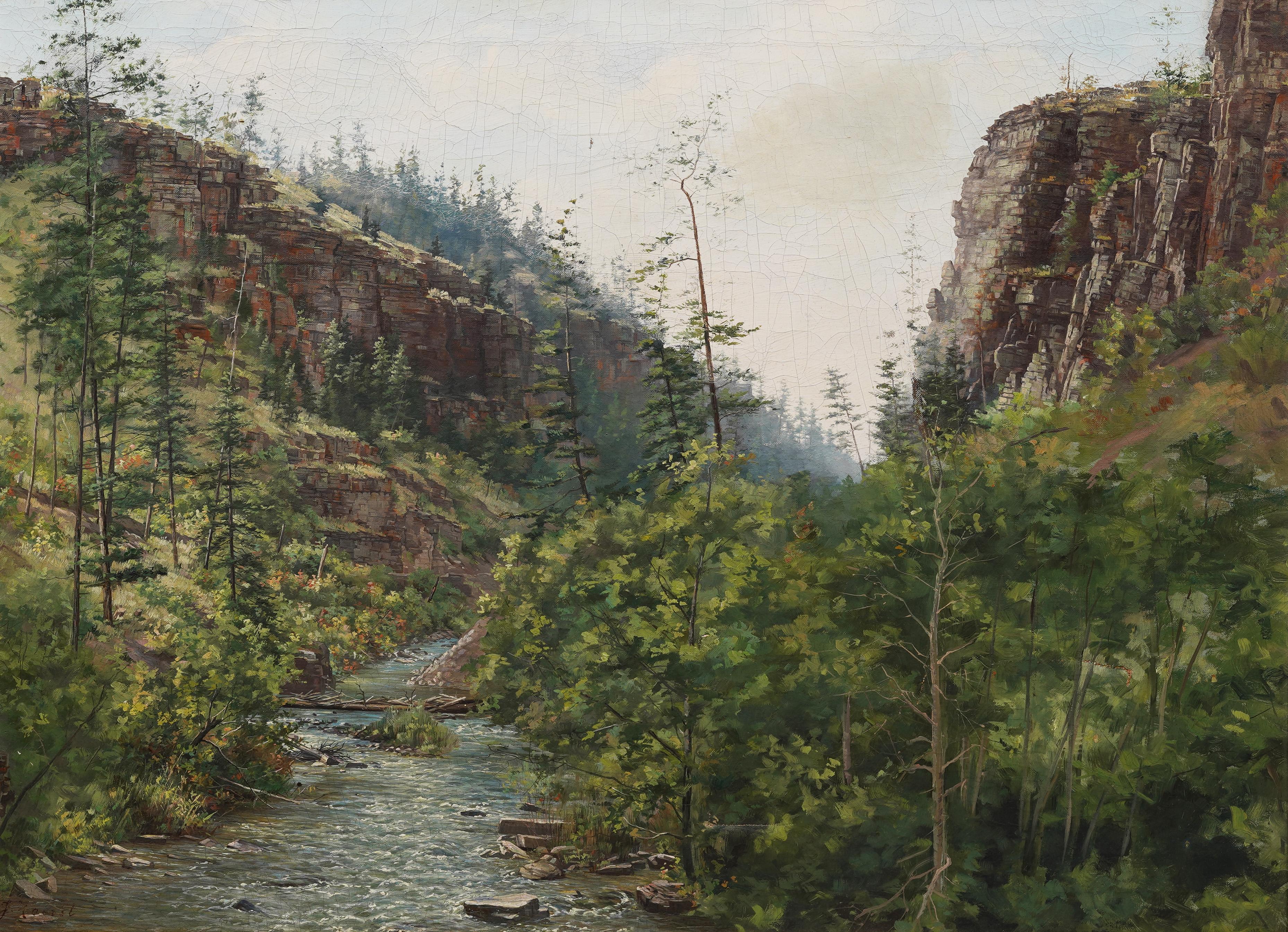 Antikes amerikanisches impressionistisches Landschaftsgemälde einer Flussschlucht.  Öl auf Leinwand.  Gerahmt.  Bildgröße: 37 L x 27 H.   Sehr schön gerahmt.  Unleserlich unterschrieben.  


