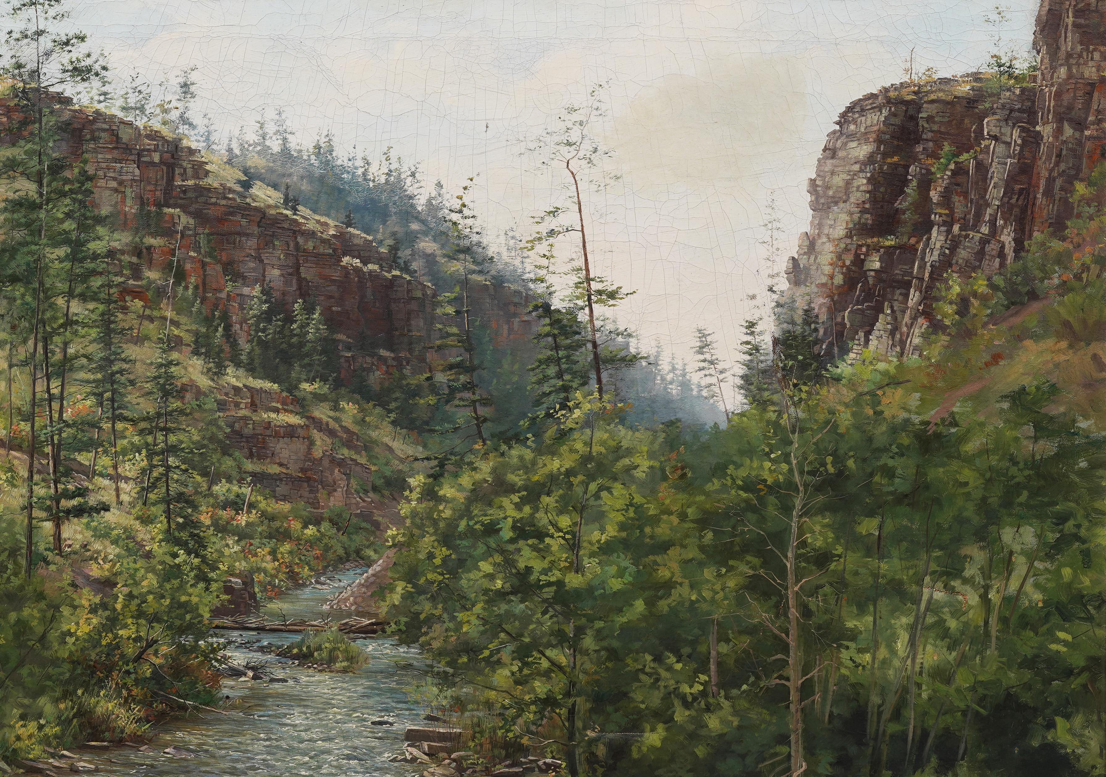 Großes antikes amerikanisches impressionistisches gerahmtes Landschaftsgemälde, River Valley, Ölgemälde im Angebot 1