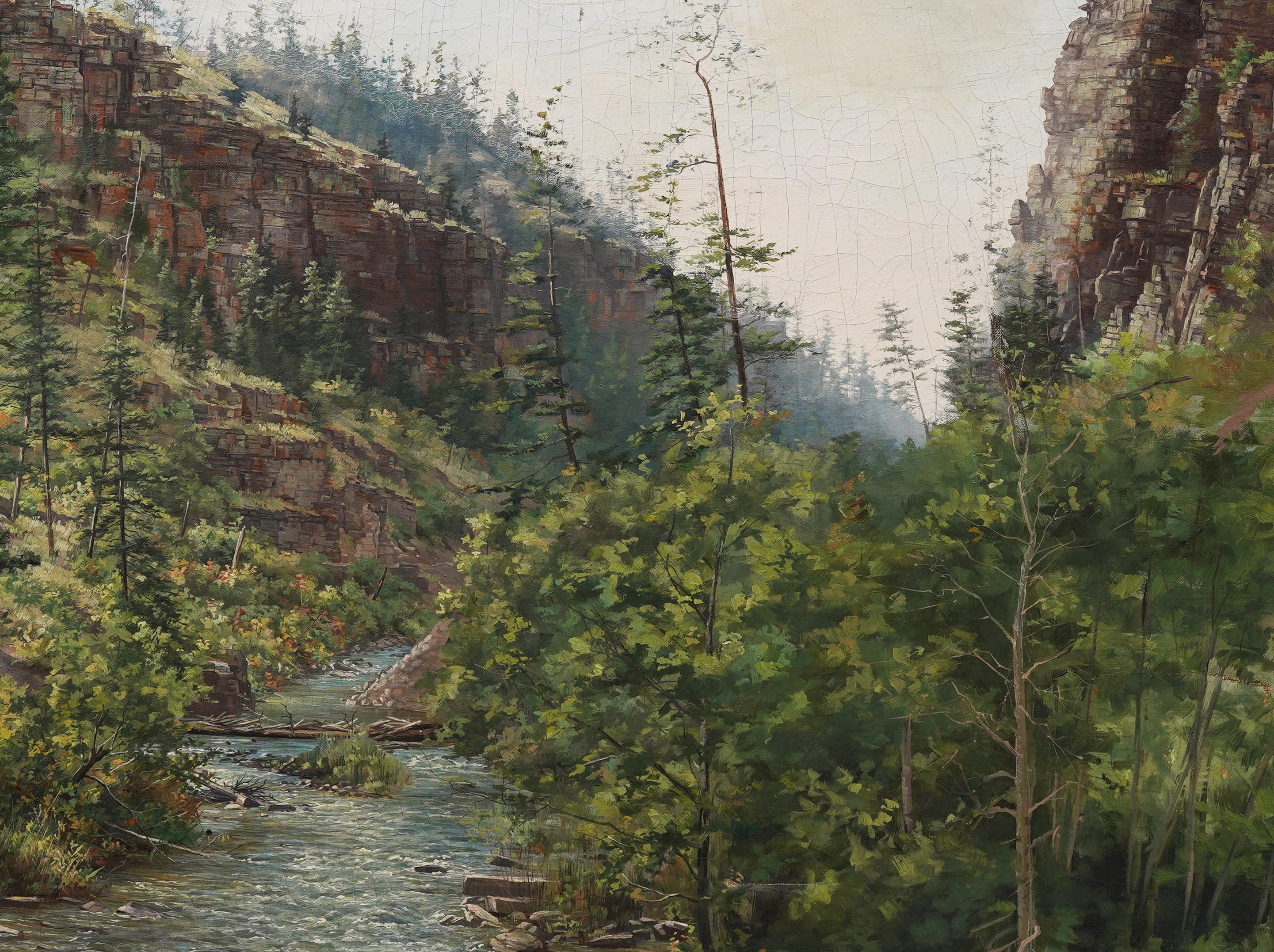 Large Antique American Impressionist River Valley Framed Landscape Oil Painting For Sale 4