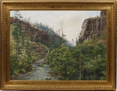 Grande peinture à l'huile impressionniste américaine ancienne encadrée représentant un paysage de vallée de la rivière