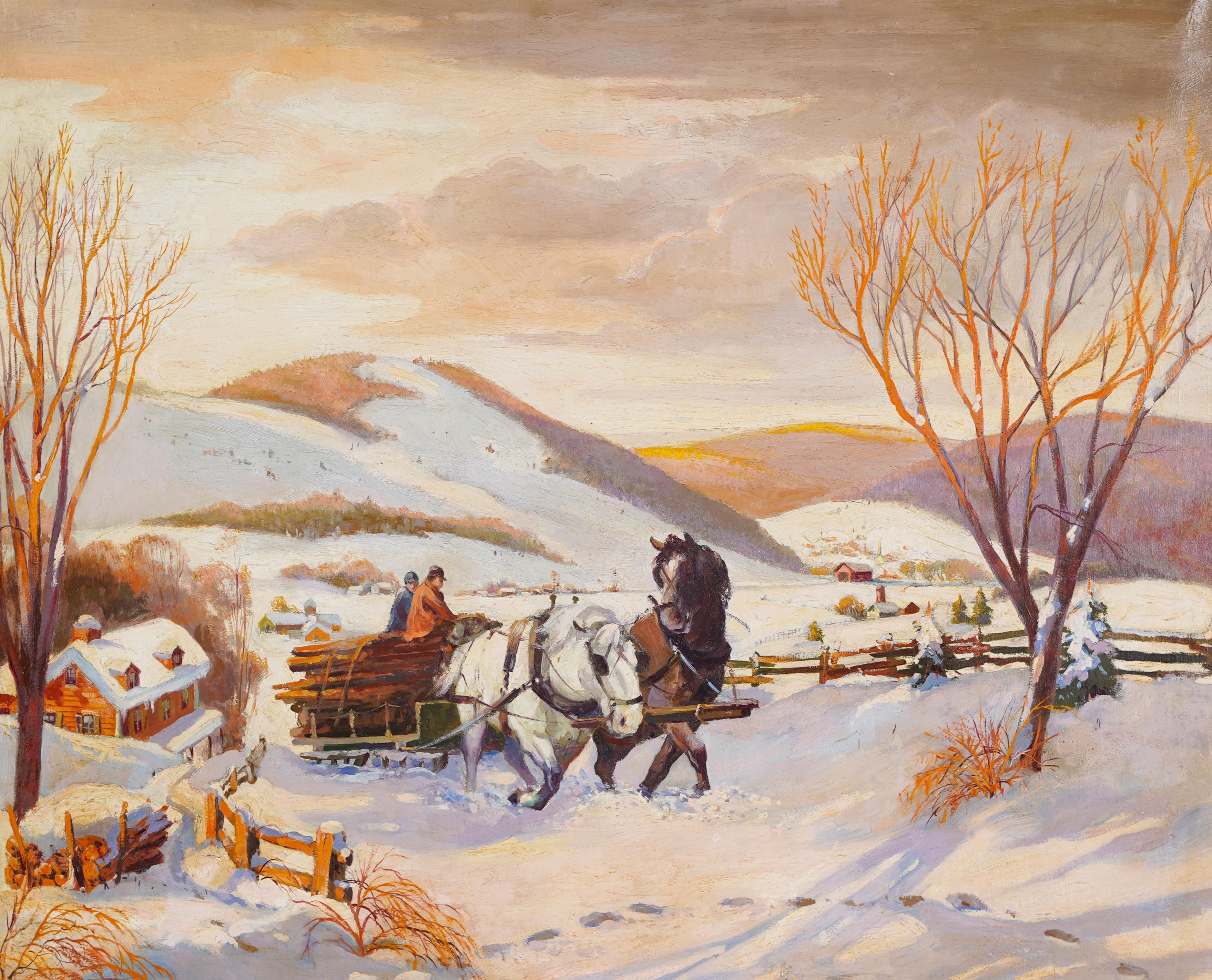 Large Antique American Impressionist Winter Horse Landscape Oil Painting - Beige Animal Painting by Unknown