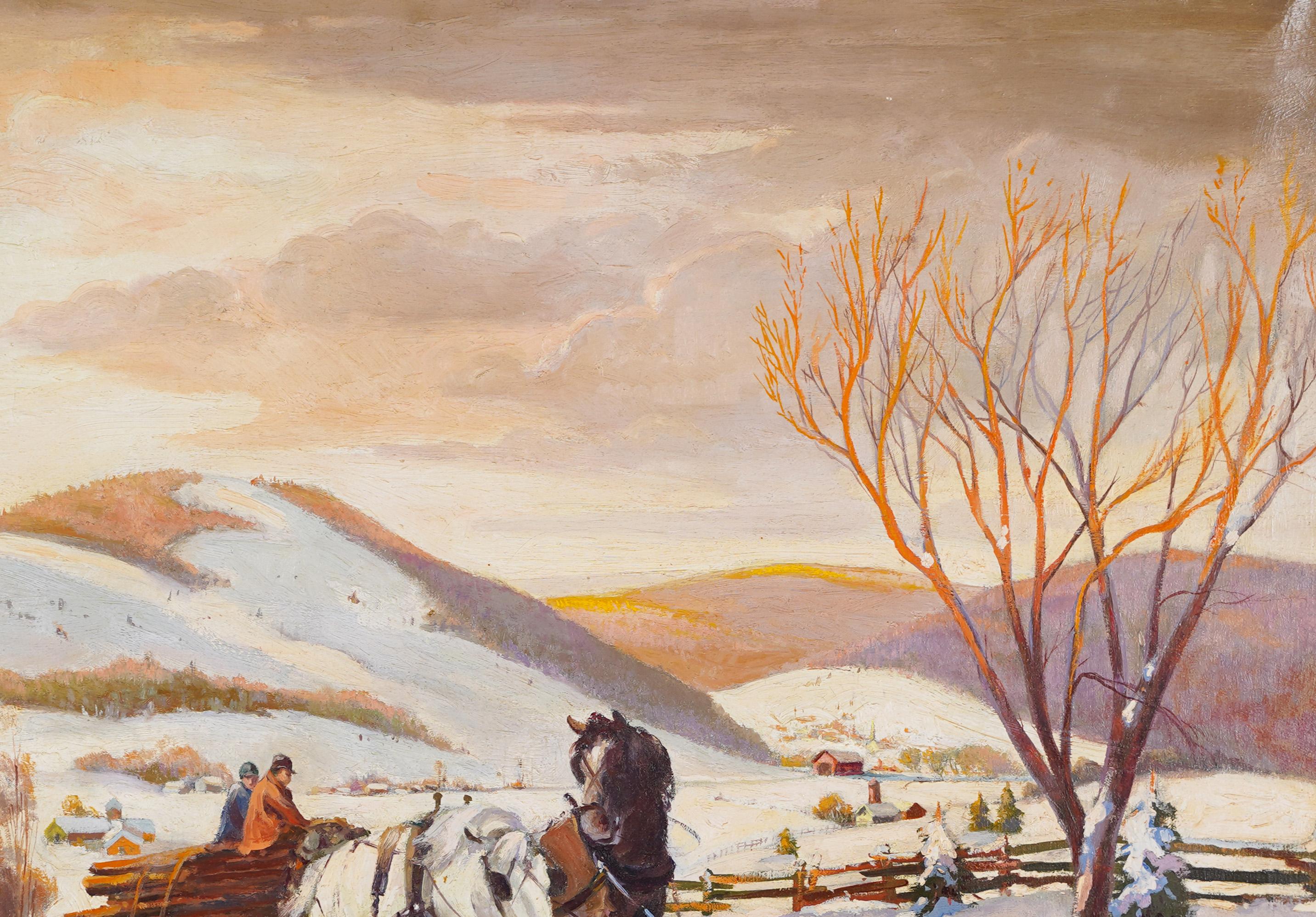 Large Antique American Impressionist Winter Horse Landscape Oil Painting For Sale 1