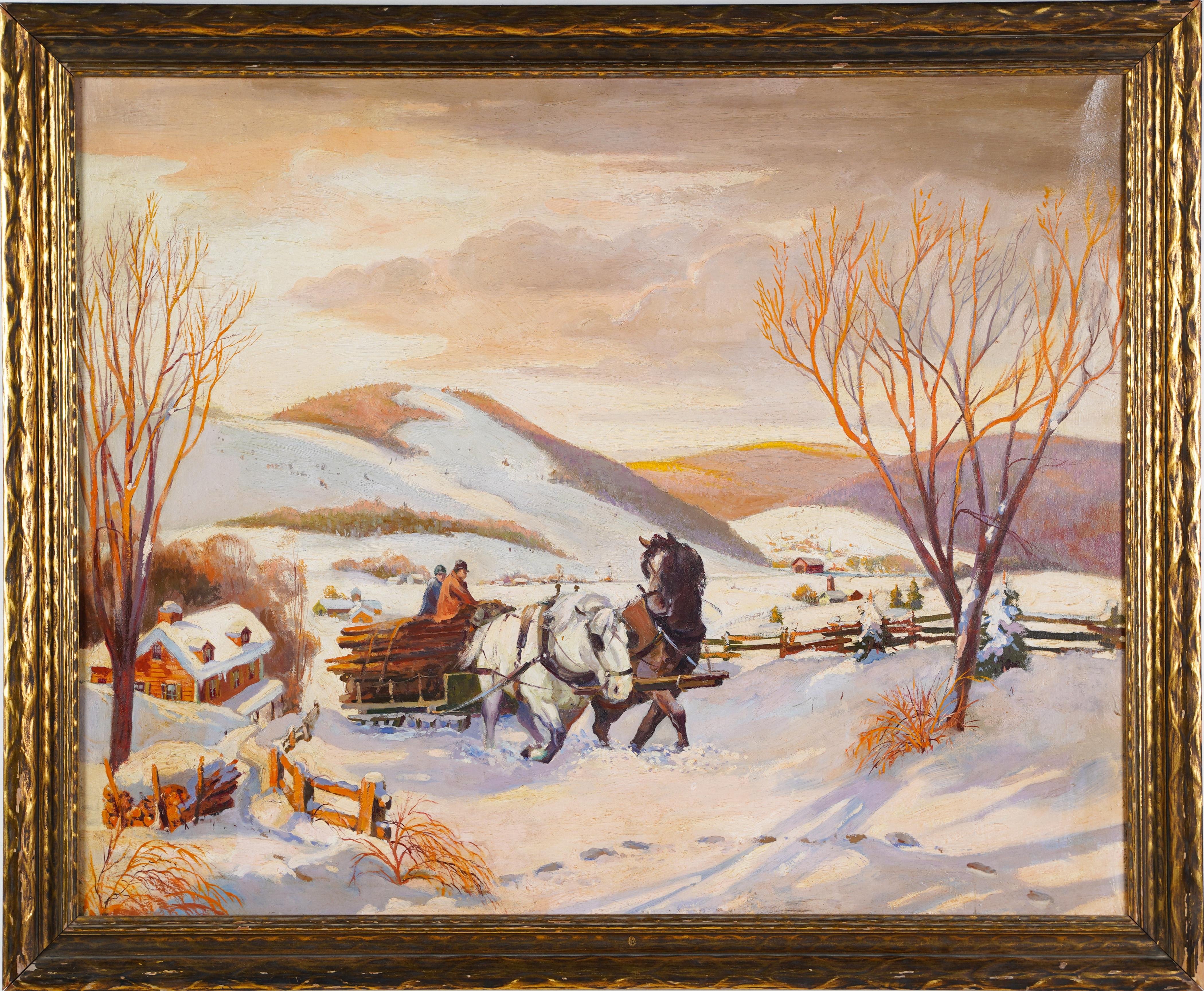 Large Antique American Impressionist Winter Horse Landscape Oil Painting