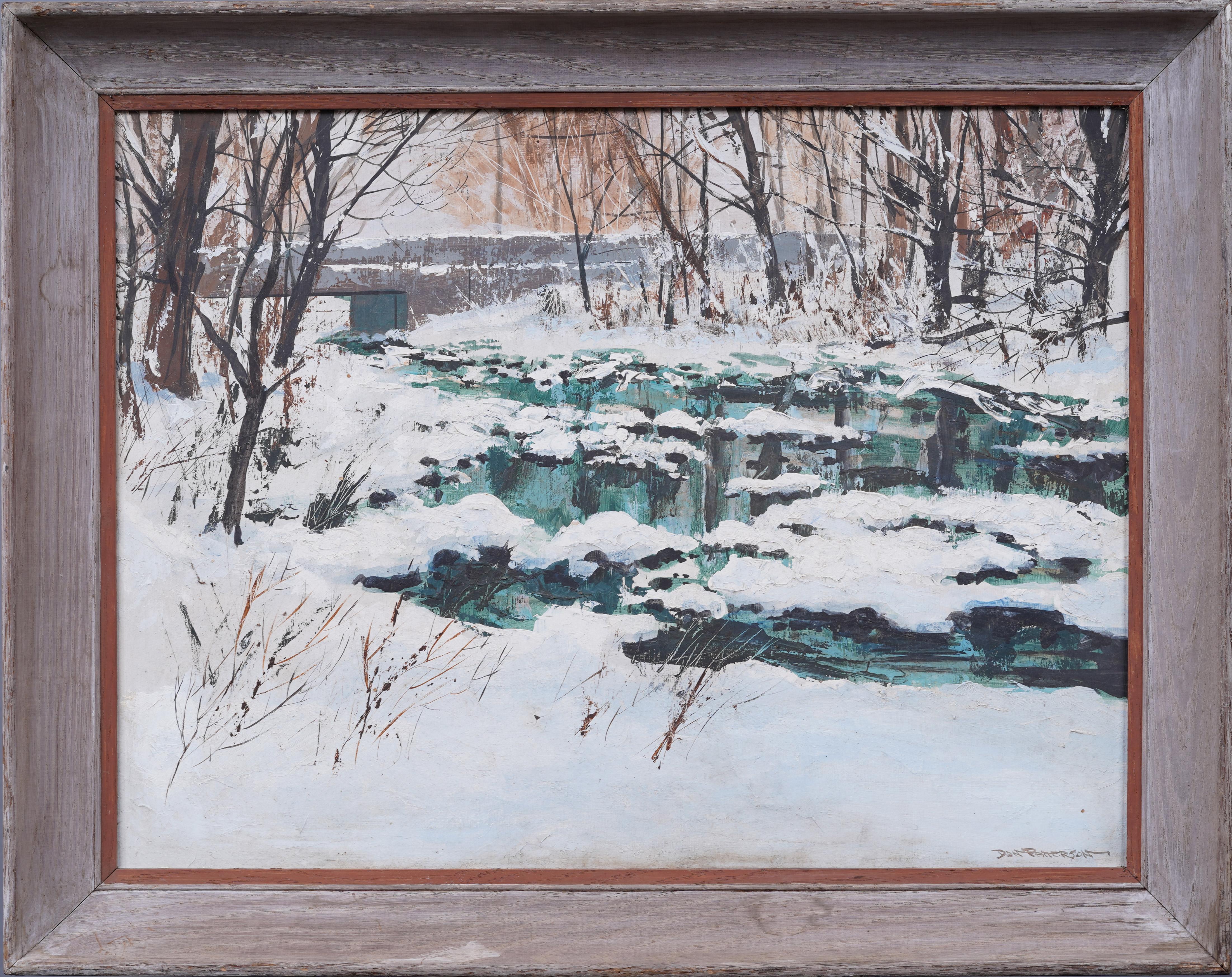 Large Antique American Impressionist Winter Snowy Landscape Framed Oil Painting - Gray Landscape Painting by Unknown
