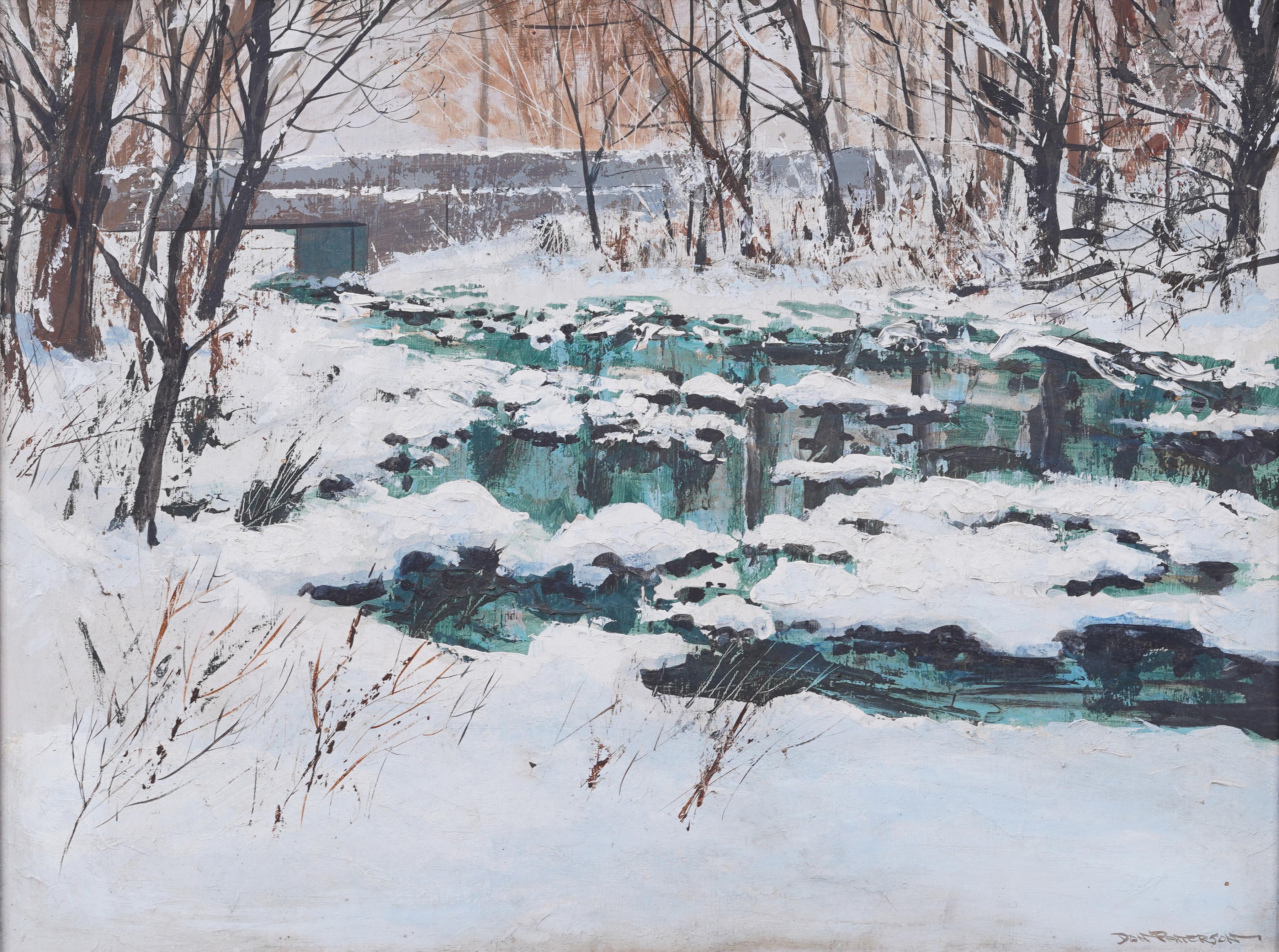 Impressive early American winter scene impressionist landscape painting. Oil on board.  Framed.  Signed.  Image size, 18 by 24 inches.  