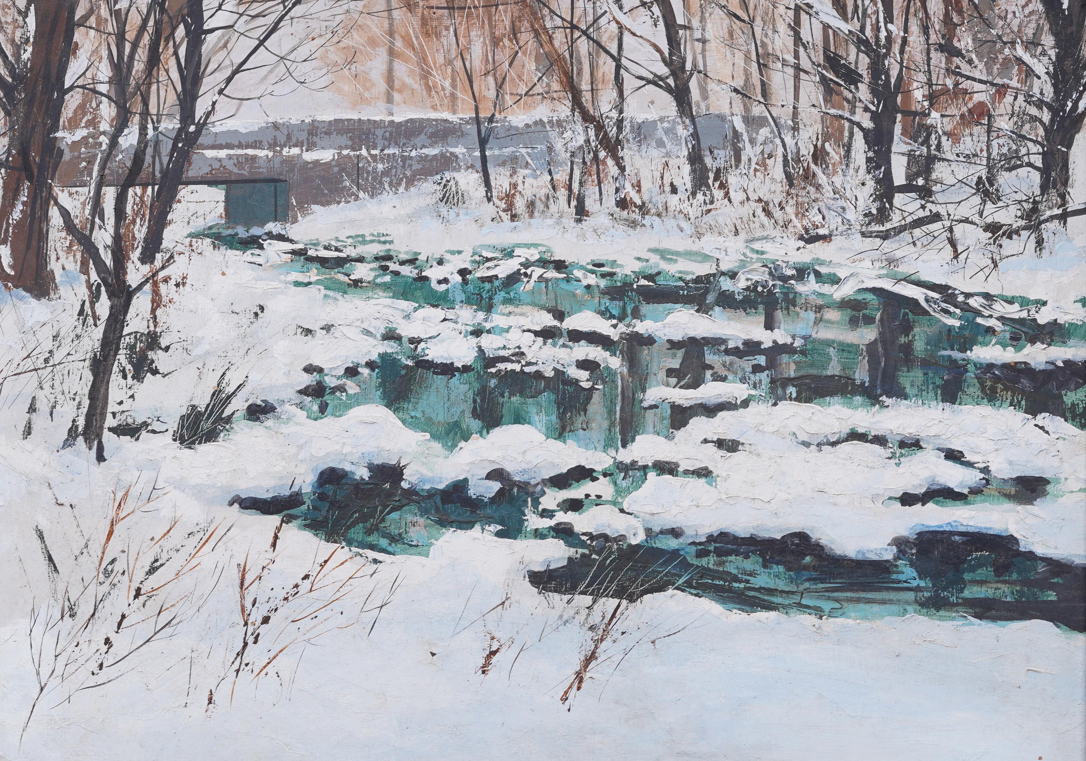 Large Antique American Impressionist Winter Snowy Landscape Framed Oil Painting For Sale 1