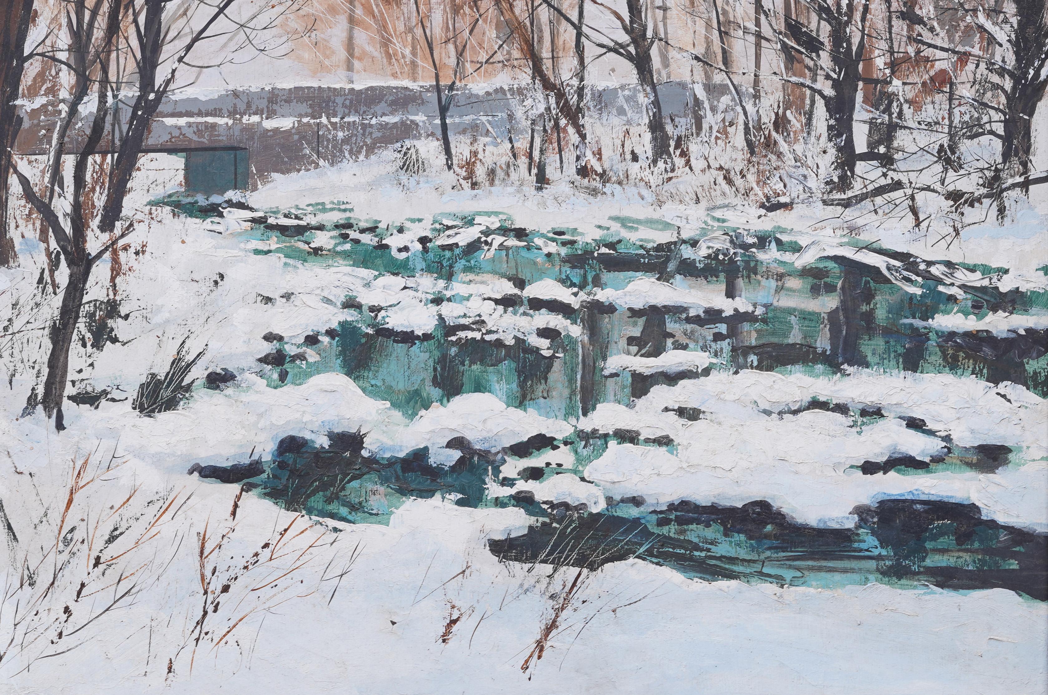 Large Antique American Impressionist Winter Snowy Landscape Framed Oil Painting For Sale 2