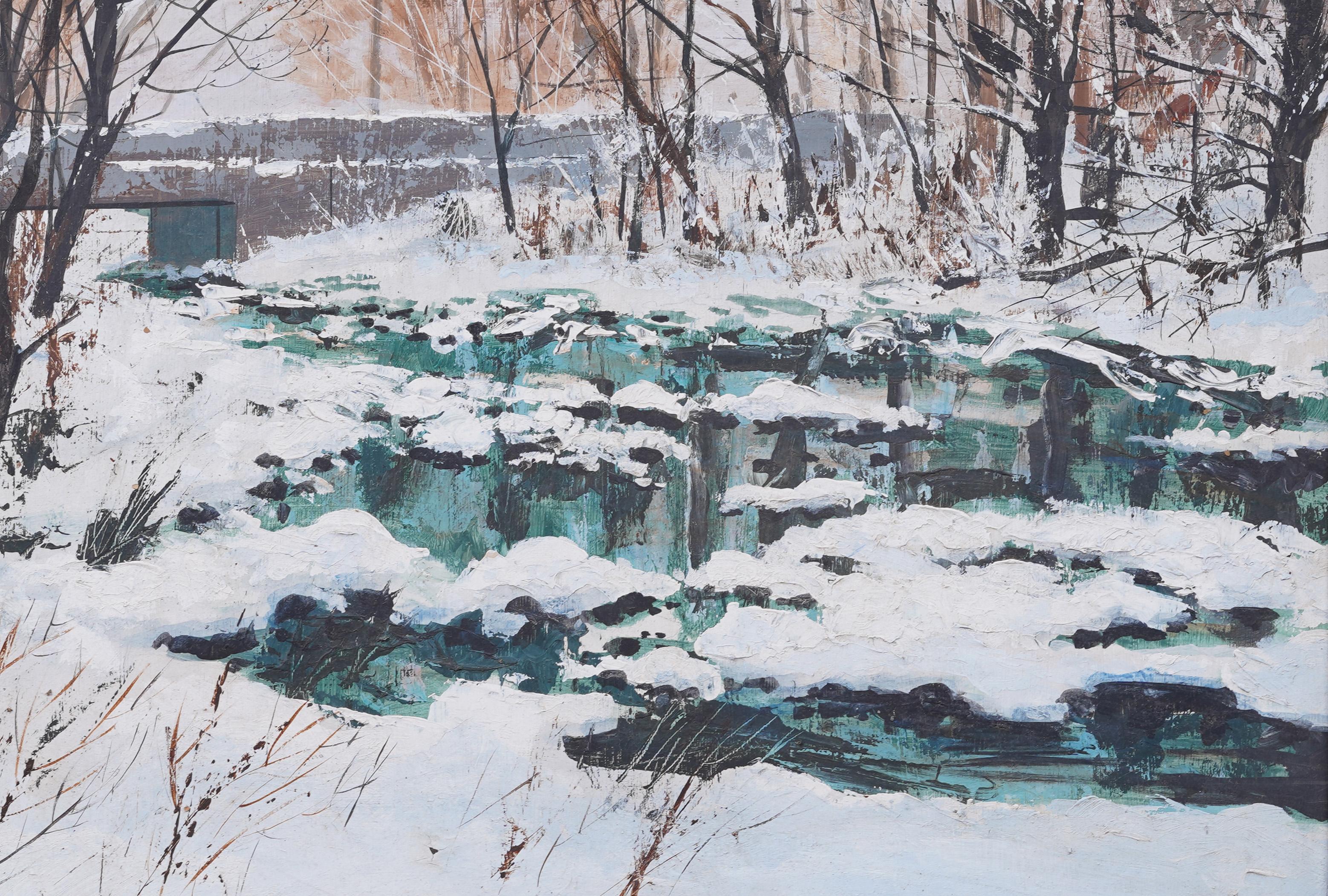 Large Antique American Impressionist Winter Snowy Landscape Framed Oil Painting For Sale 3