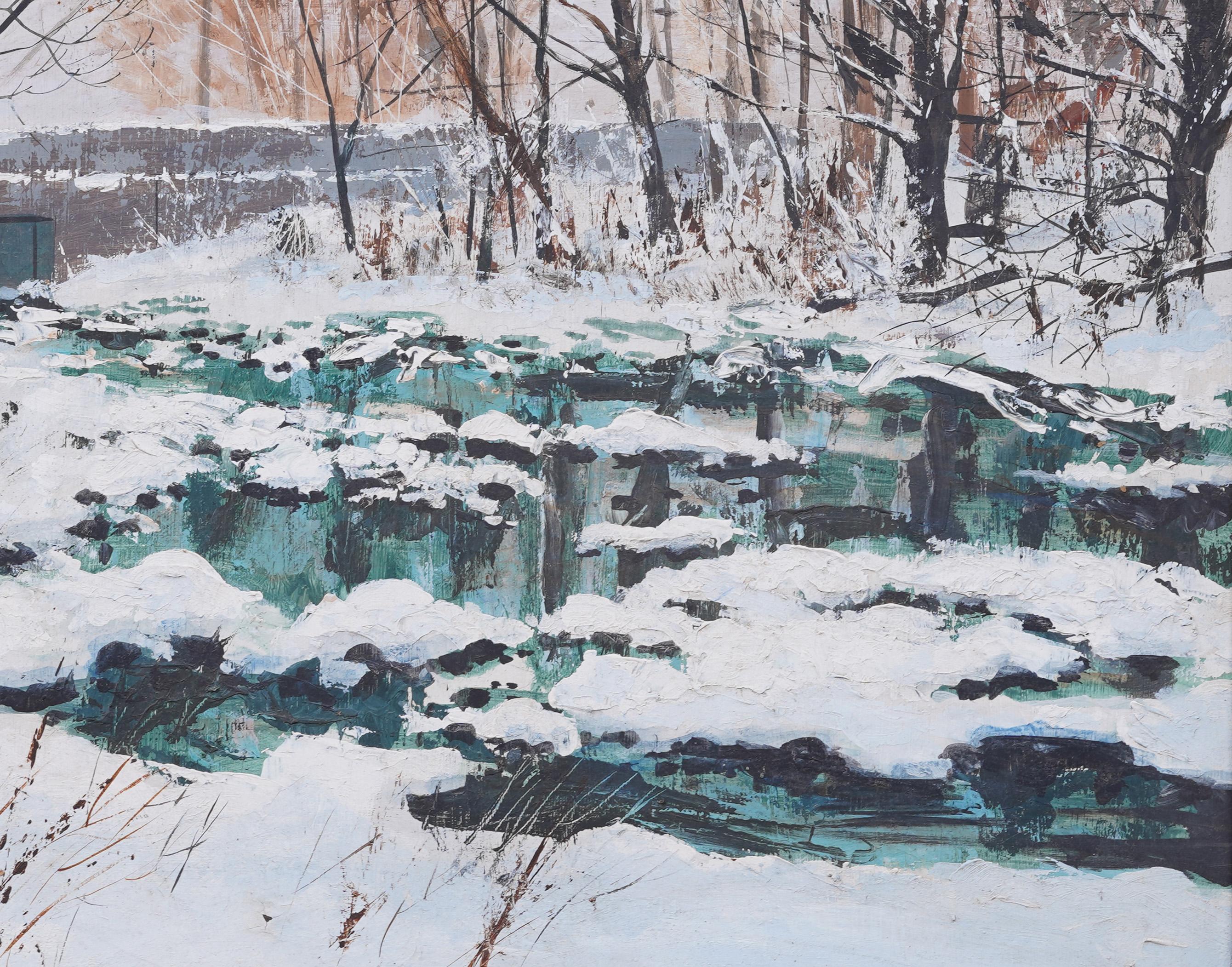 Large Antique American Impressionist Winter Snowy Landscape Framed Oil Painting For Sale 4