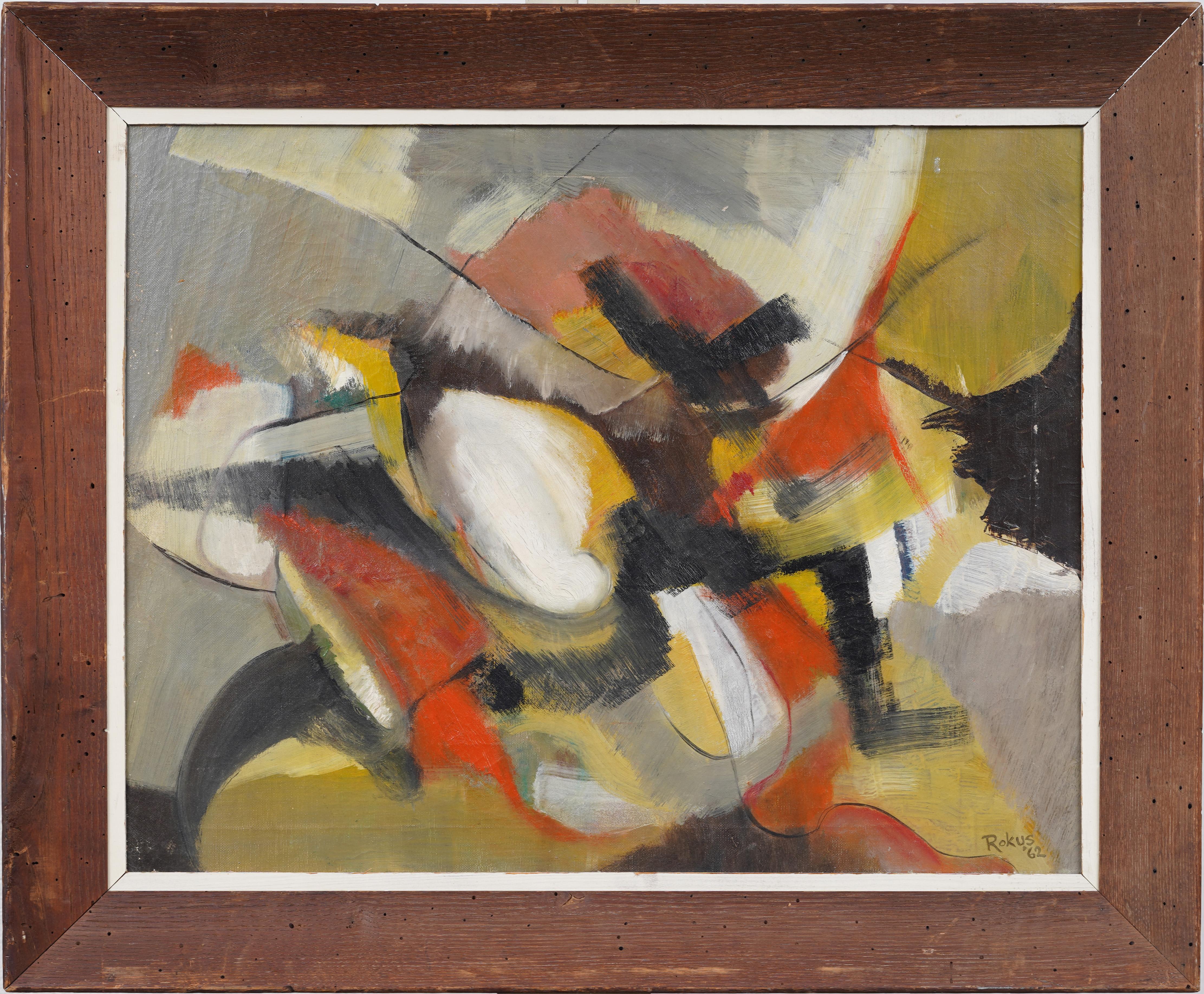 Grande dipinto a olio antico modernista americano espressionista astratto con cornice - Painting di Unknown