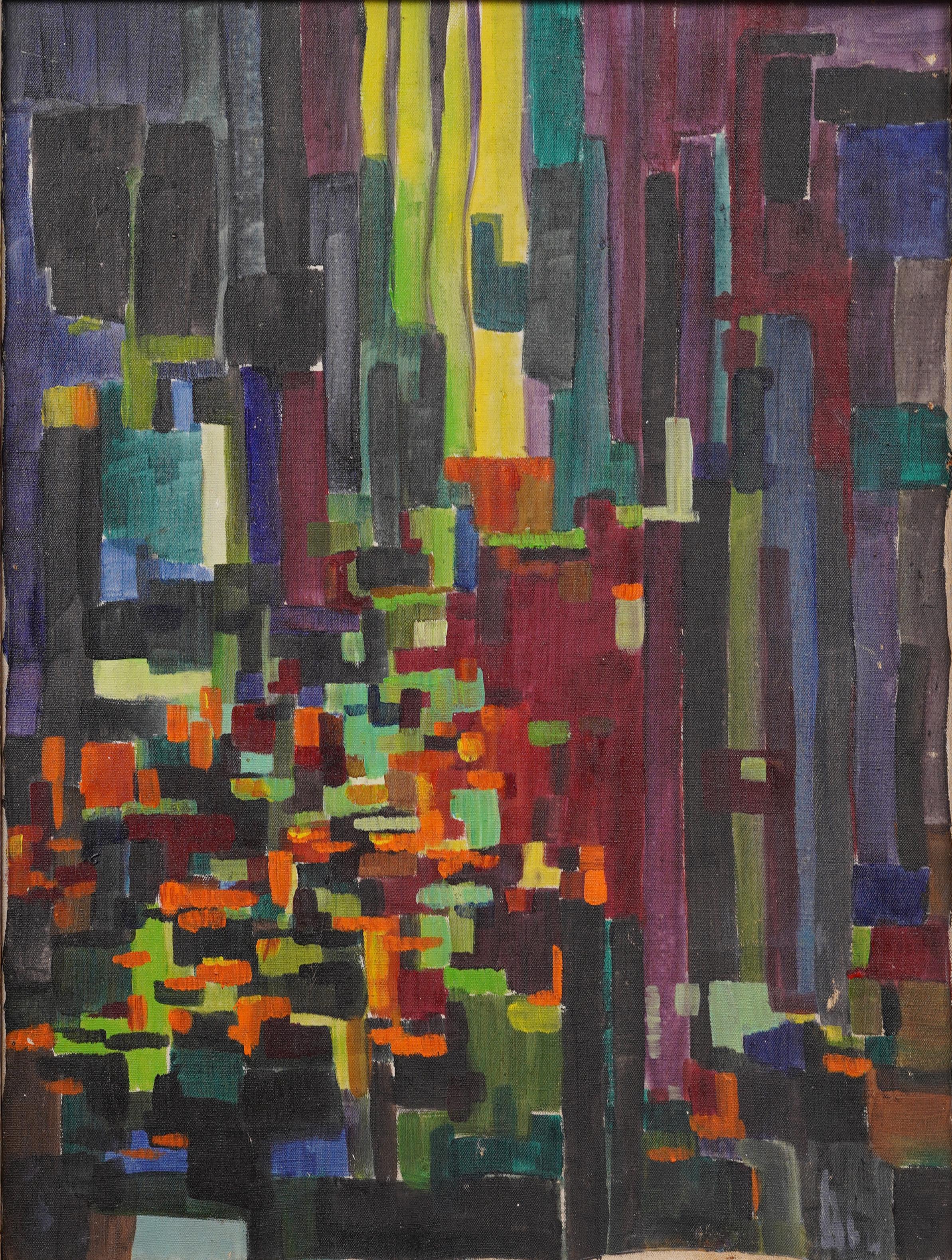 Grande dipinto a olio antico modernista americano espressionista astratto con cornice - Painting Astratto di Unknown