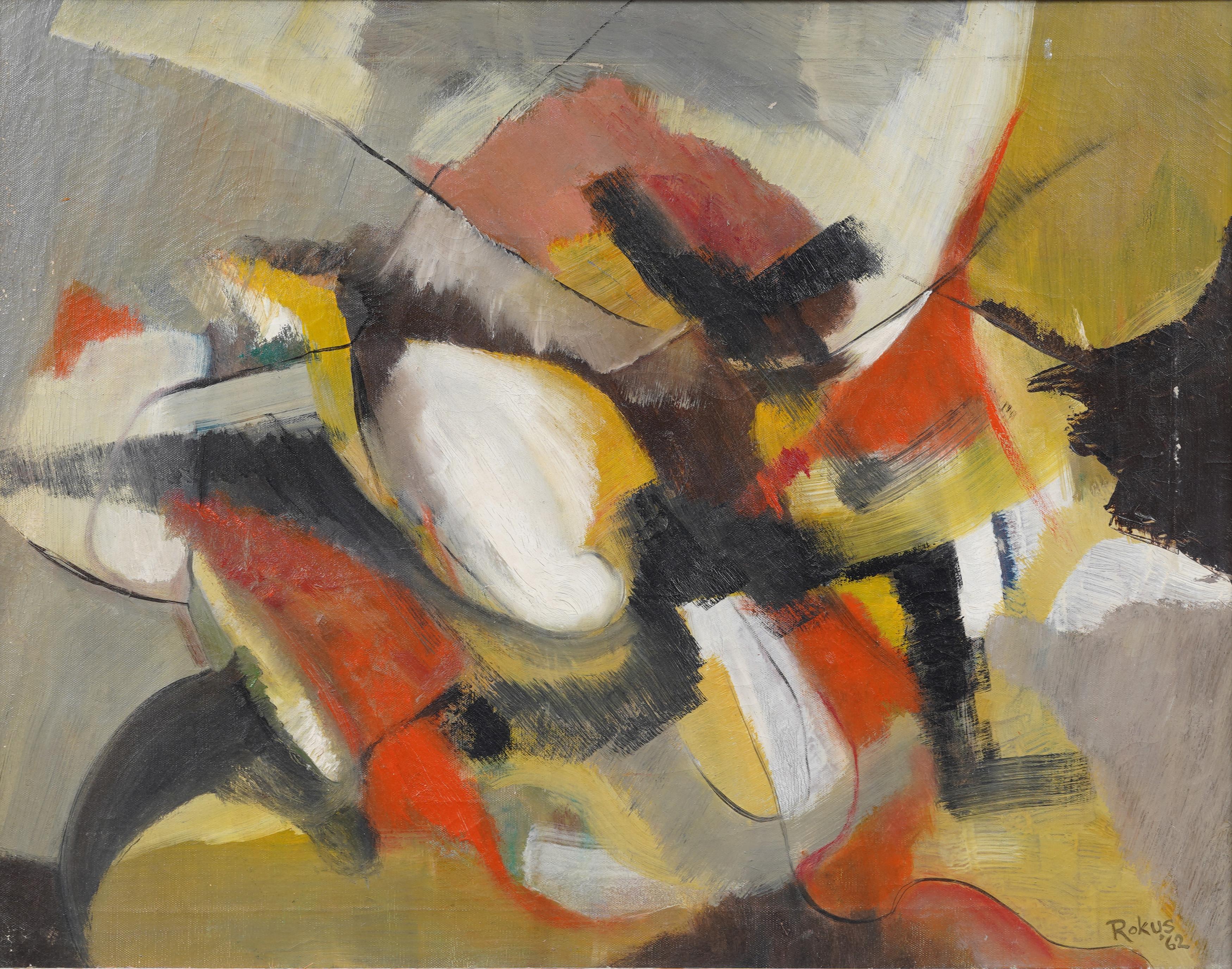 Grande dipinto a olio antico modernista americano espressionista astratto con cornice - Painting Astratto di Unknown