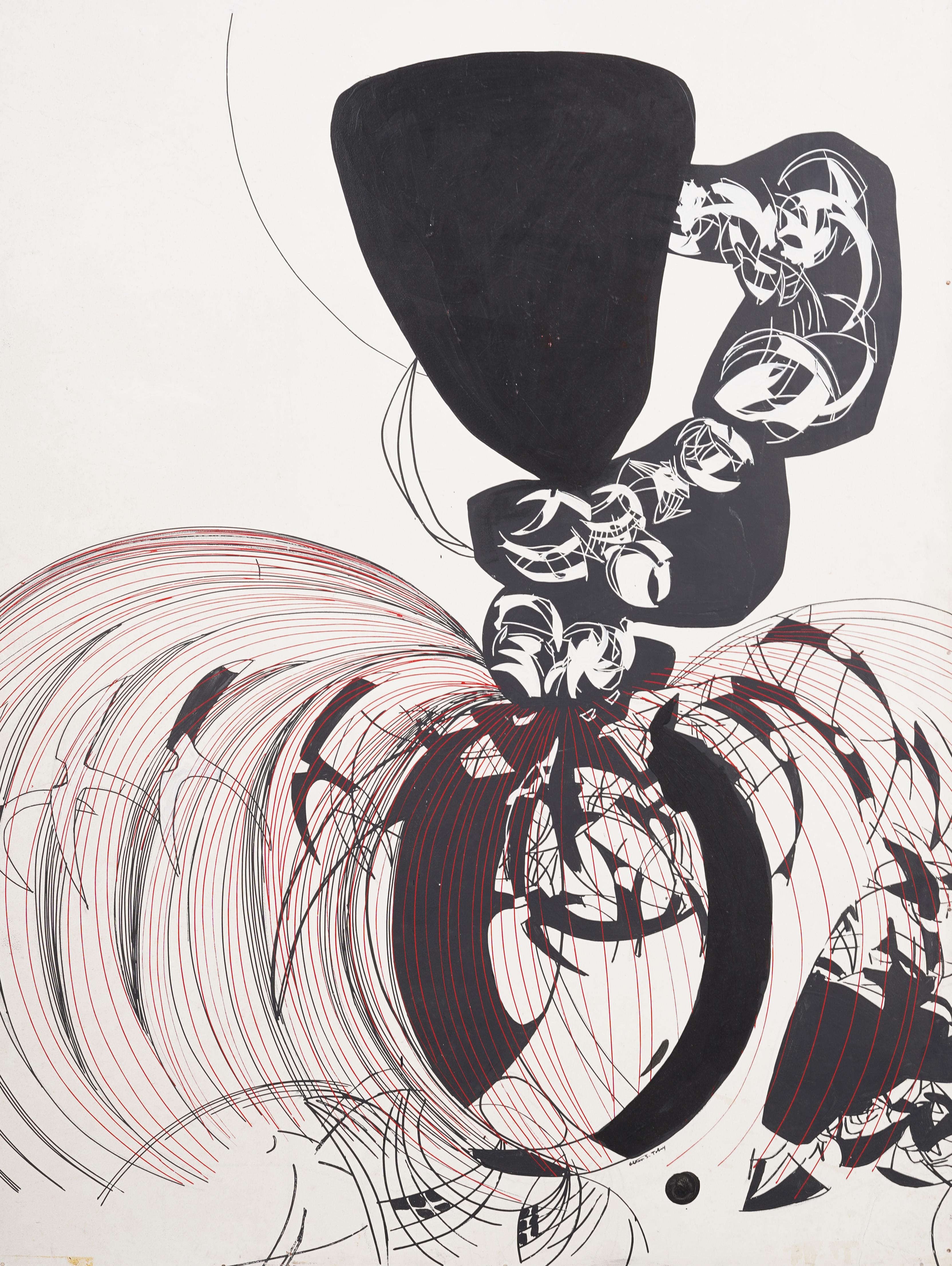 Impresionante óleo abstracto modernista americano de Alton S. Tobey (1914 - 2005).  Enmarcado.  Óleo sobre tabla.  Firmado.  Tamaño de la imagen, 48H por 36L.