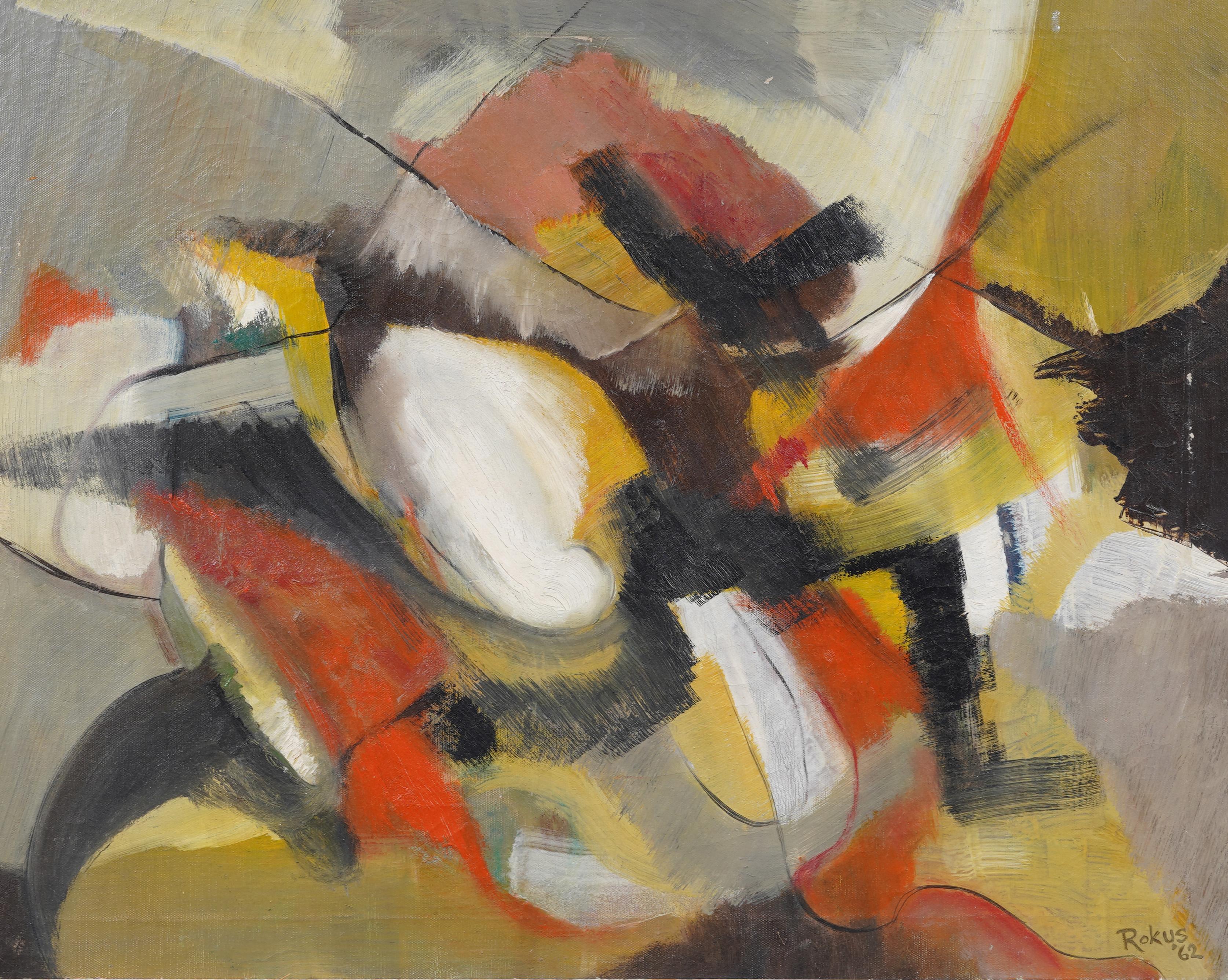 Grande dipinto a olio antico modernista americano espressionista astratto con cornice - Abstract Painting Marrone di Unknown