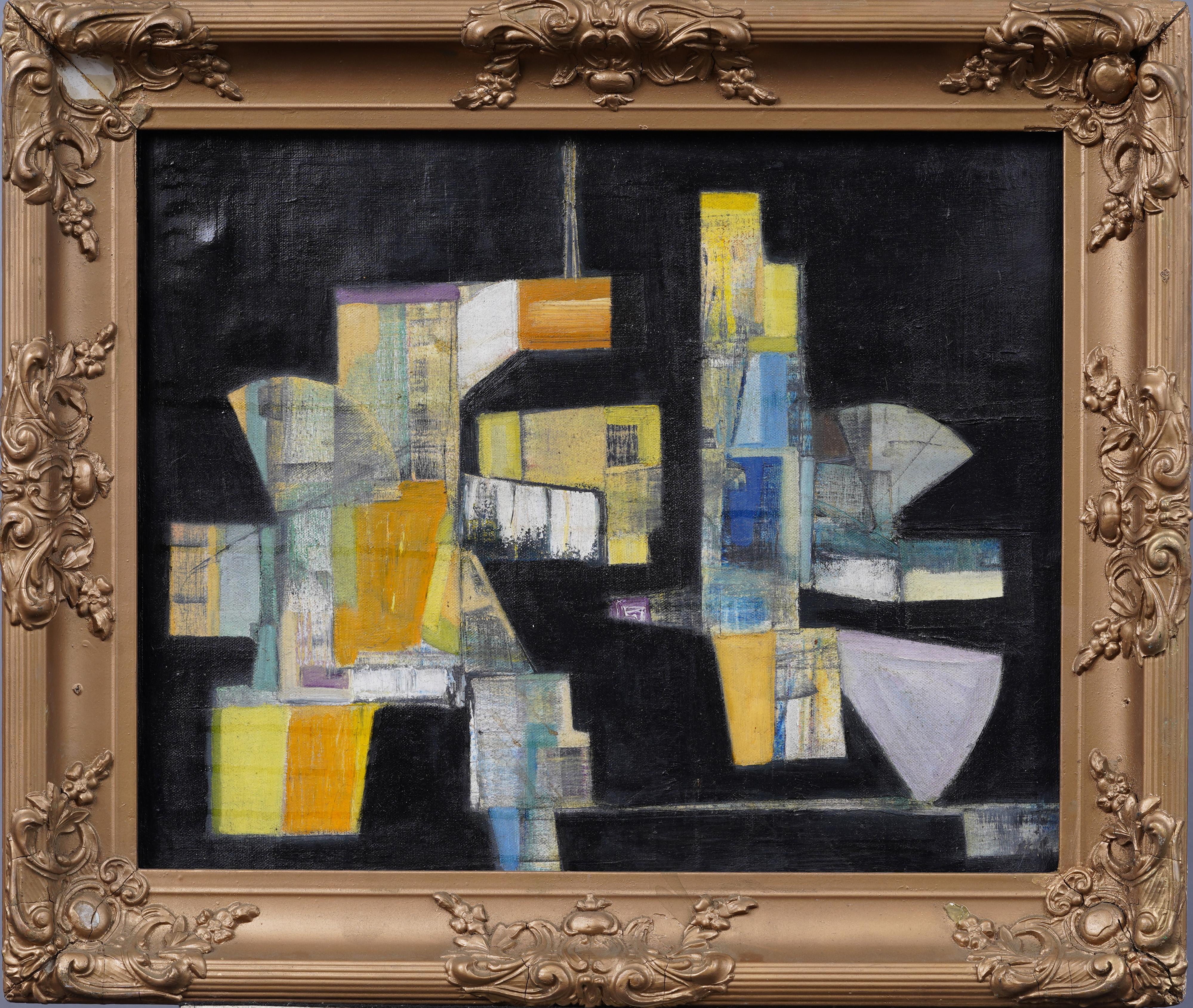 Gran cuadro al óleo con marco dorado de un paisaje abstracto modernista americano antiguo - Painting de Unknown