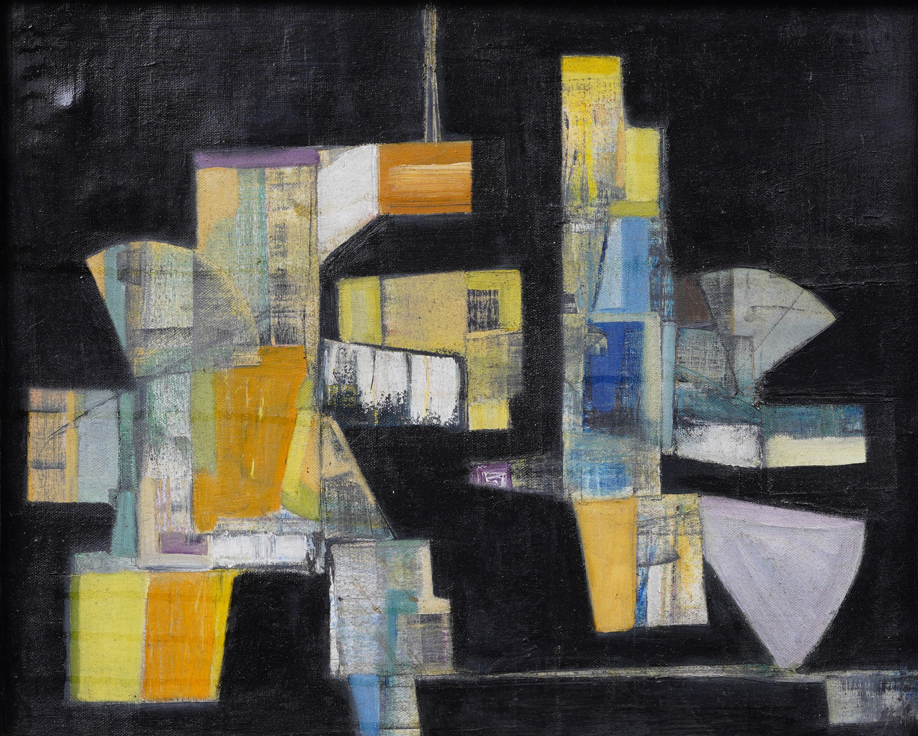 Gran cuadro al óleo con marco dorado de un paisaje abstracto modernista americano antiguo - Painting Abstracto de Unknown