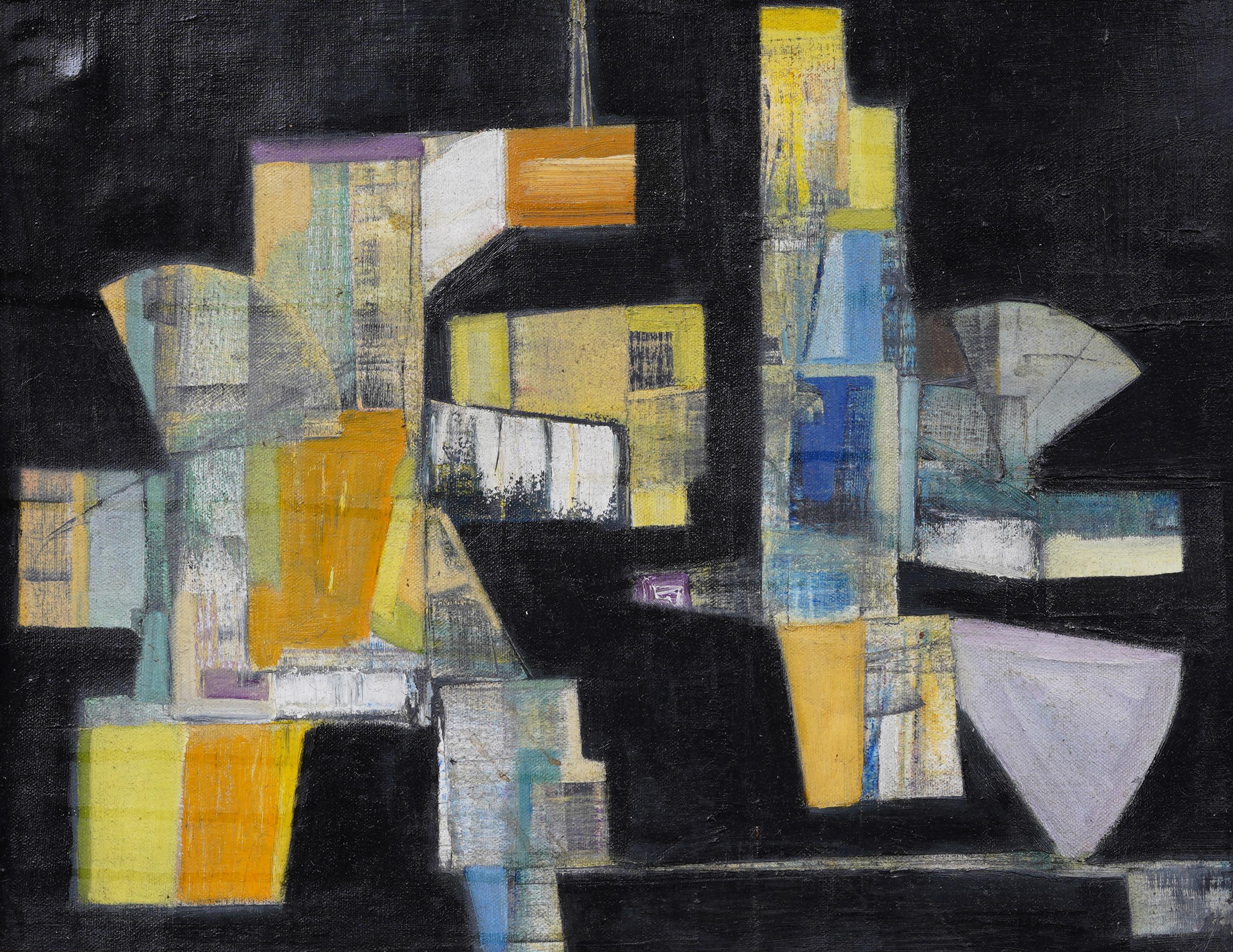 Gran cuadro al óleo con marco dorado de un paisaje abstracto modernista americano antiguo - Abstract Painting Negro de Unknown