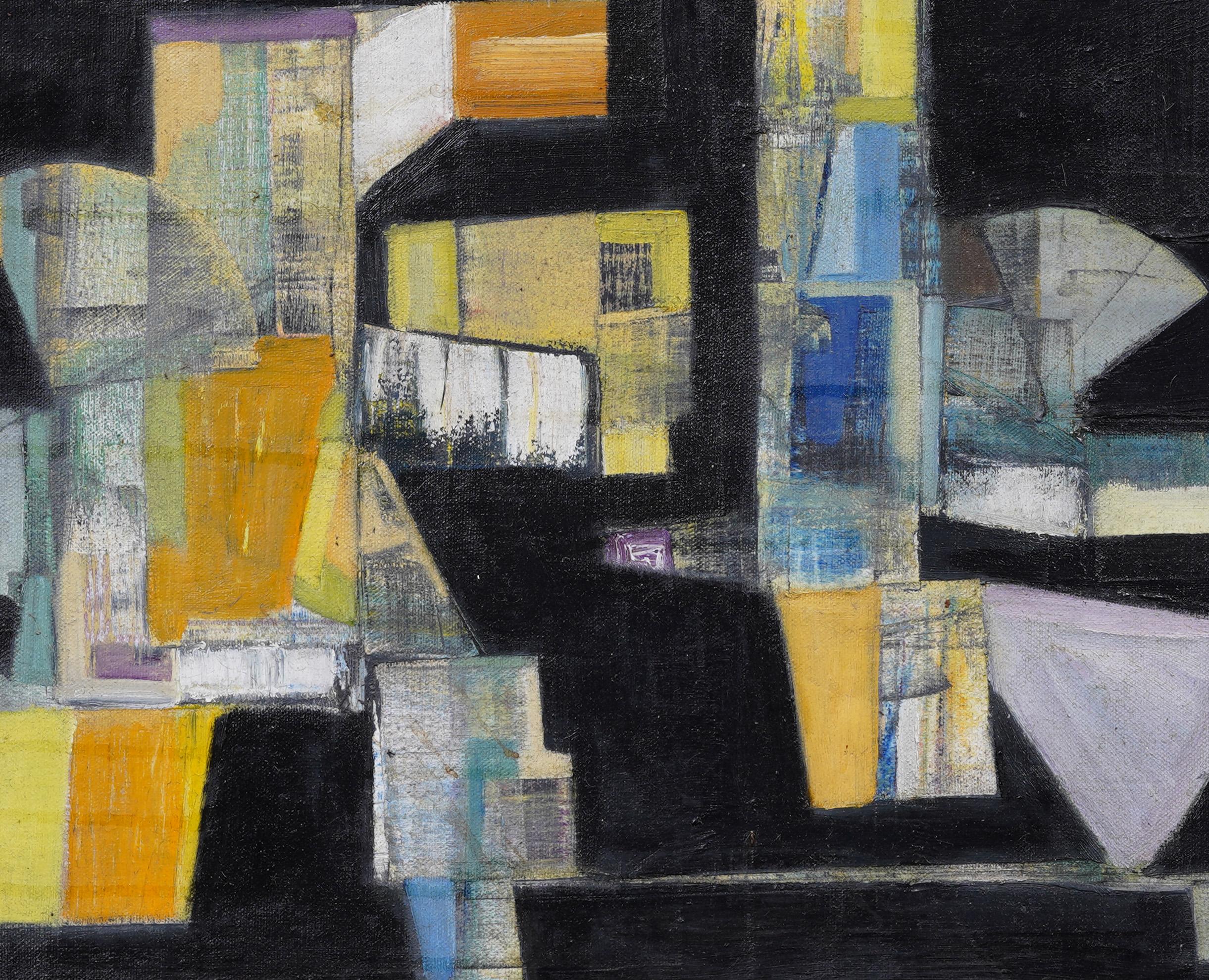Óleo arquitectónico abstracto modernista estadounidense.  Enmarcado.  Óleo sobre lienzo.  Tamaño de la imagen, 17H por 21L.