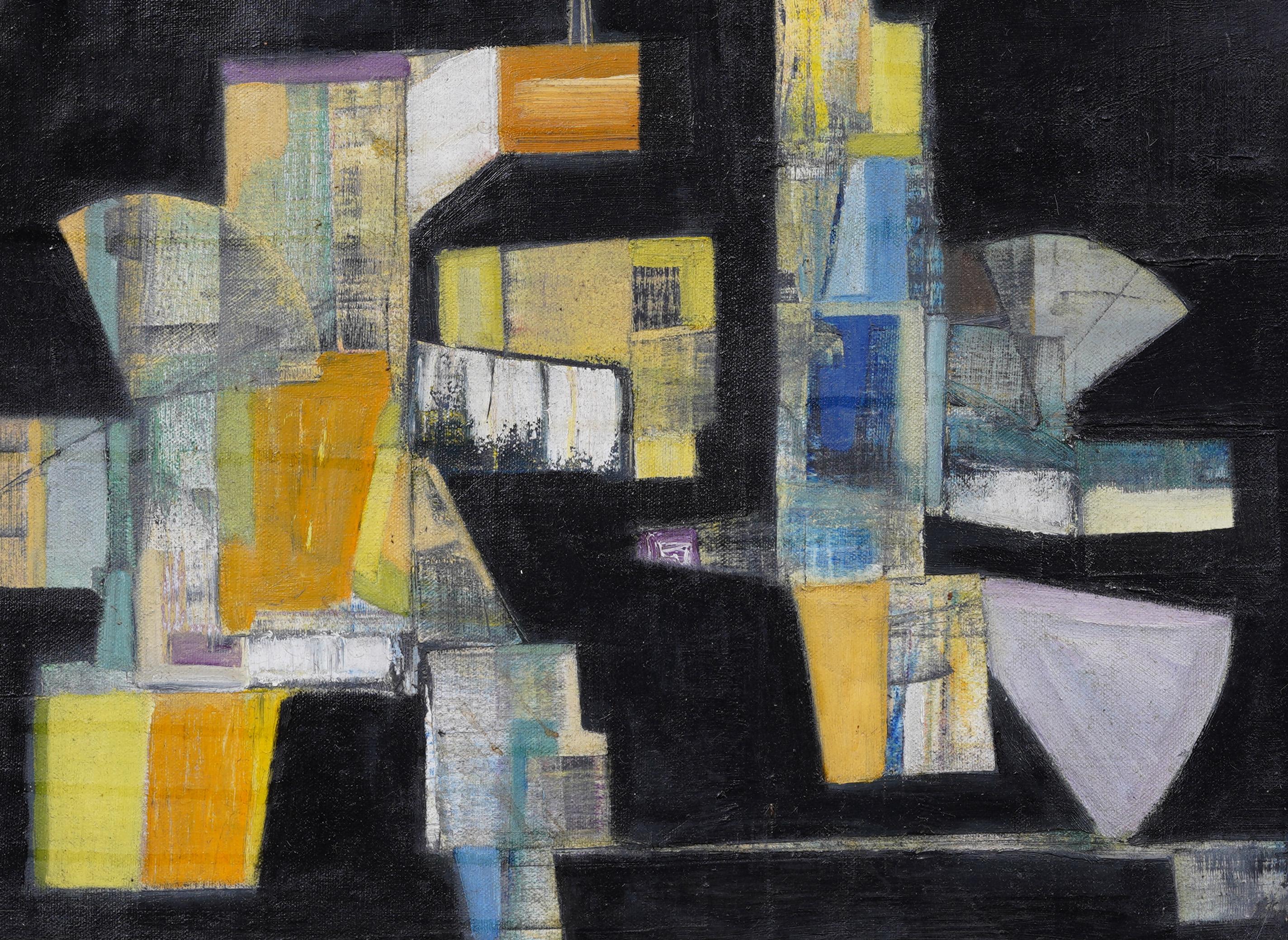 Gran cuadro al óleo con marco dorado de un paisaje abstracto modernista americano antiguo 1