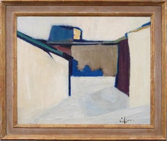 Grande pittura ad olio antica modernista astratta firmata con cornice