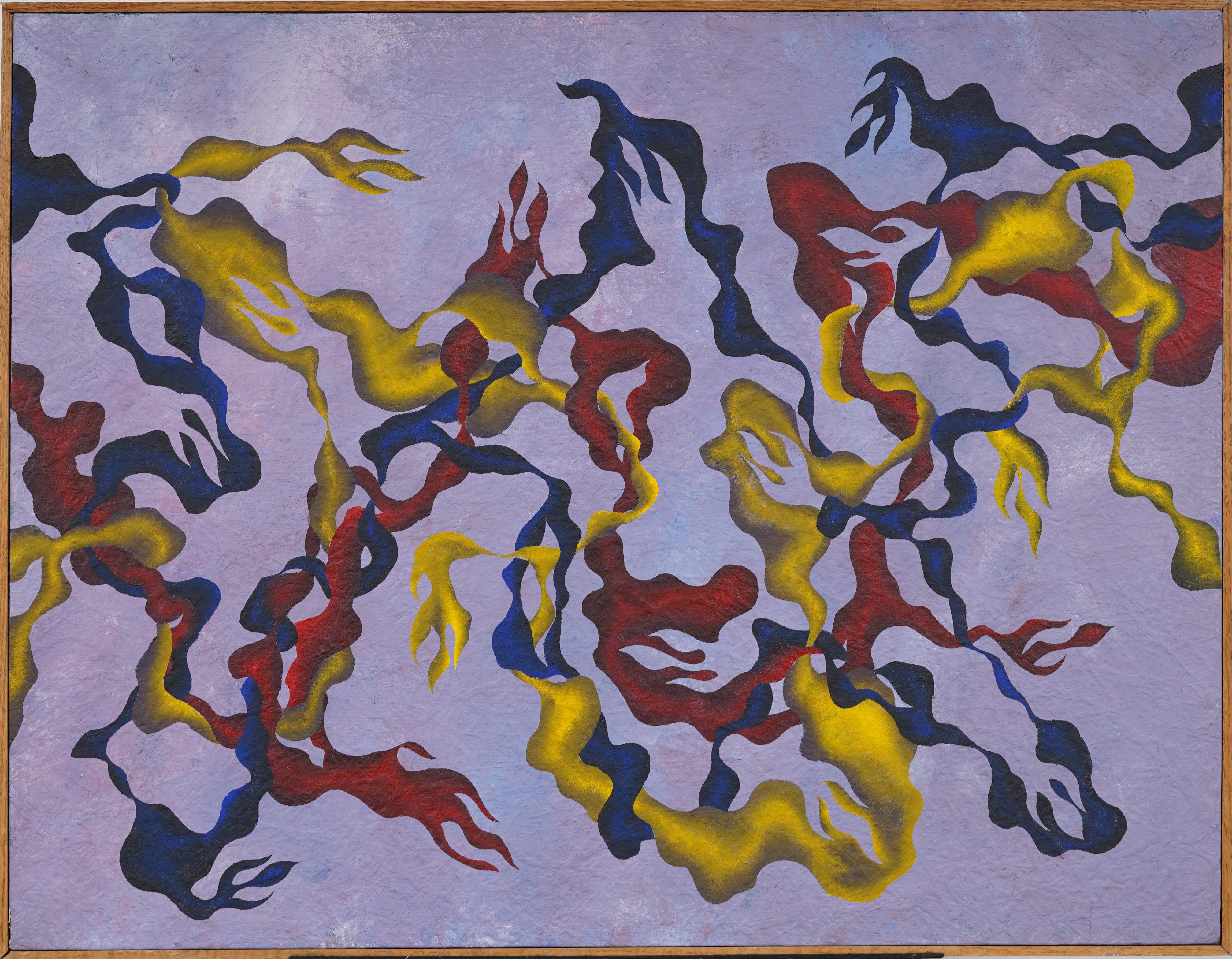 Grande pittura ad olio antica americana modernista astratta surreale con cornice MCM - Painting di Unknown