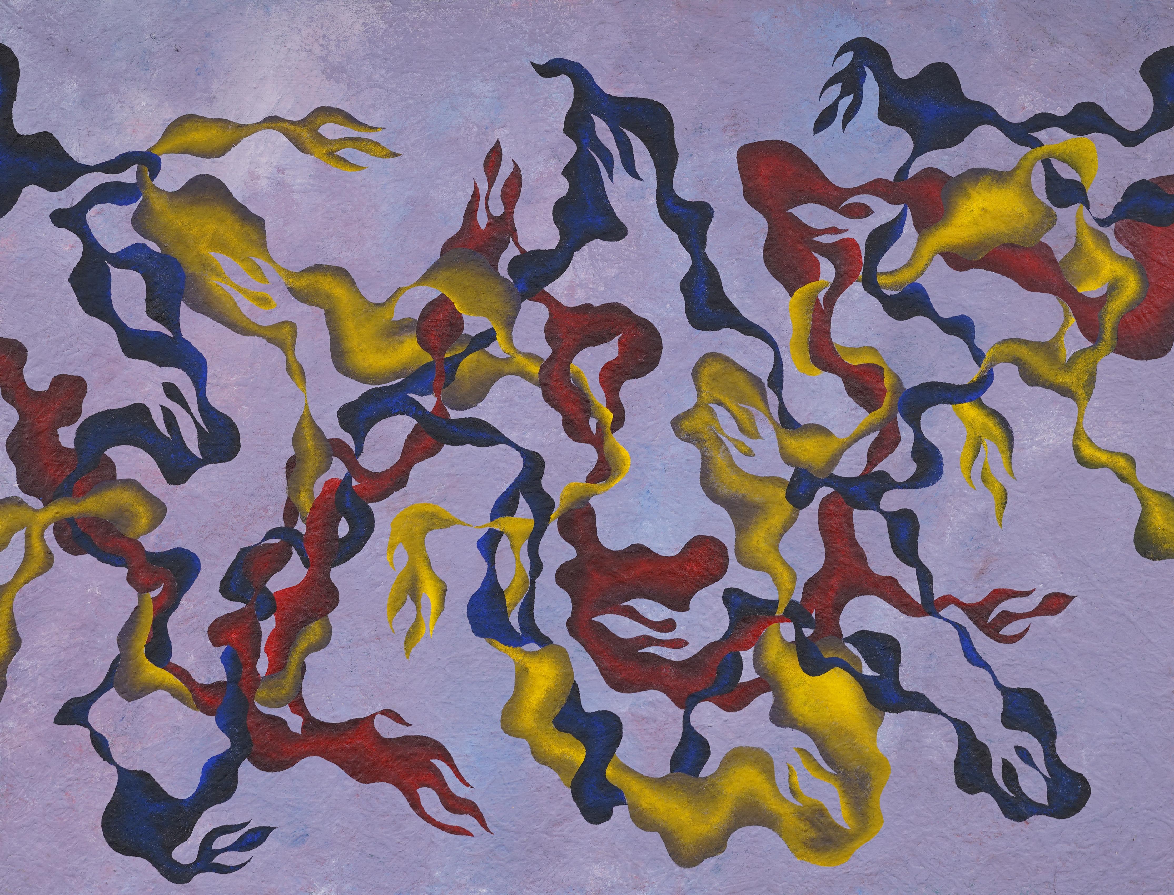 Grande pittura ad olio antica americana modernista astratta surreale con cornice MCM - Painting Surrealismo di Unknown