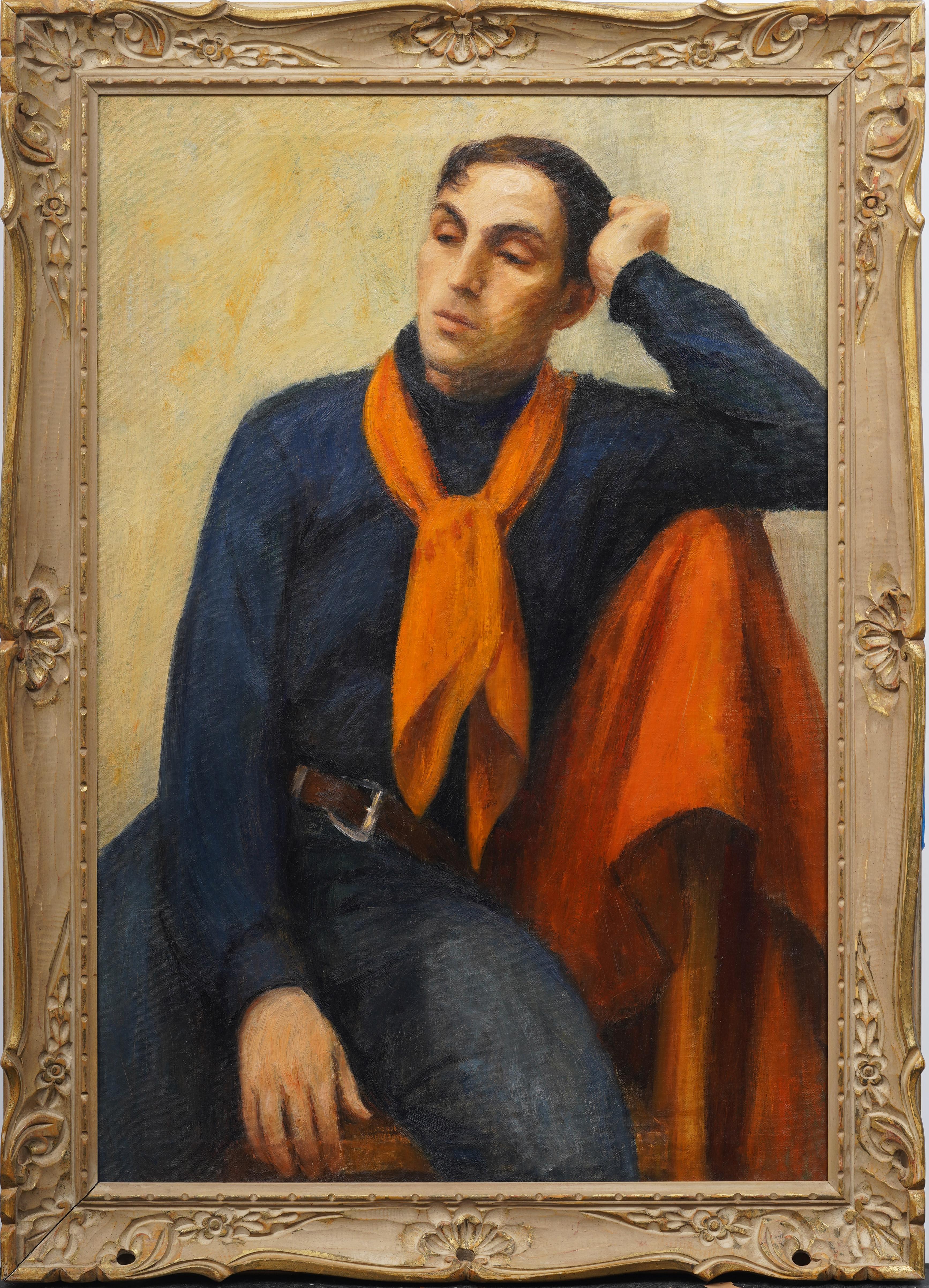 Large Antique American Modernist Elegant Male Portrait Framed Oil Painting - Brown Portrait Painting by Unknown