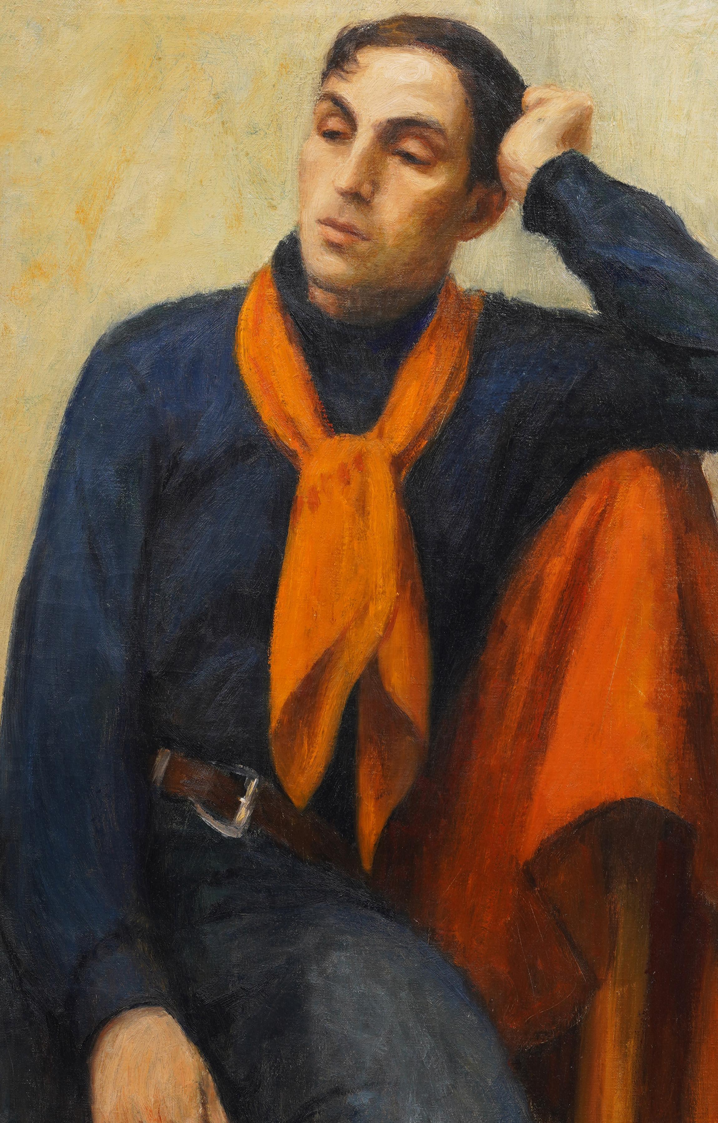 Large Antique American Modernist Elegant Male Portrait Framed Oil Painting For Sale 2
