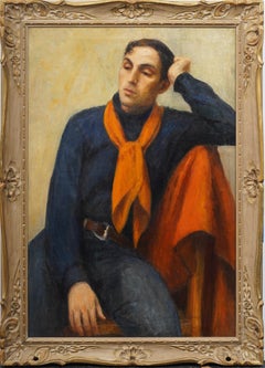 Large Antique American Modernist Elegant Male Portrait Framed Oil Painting