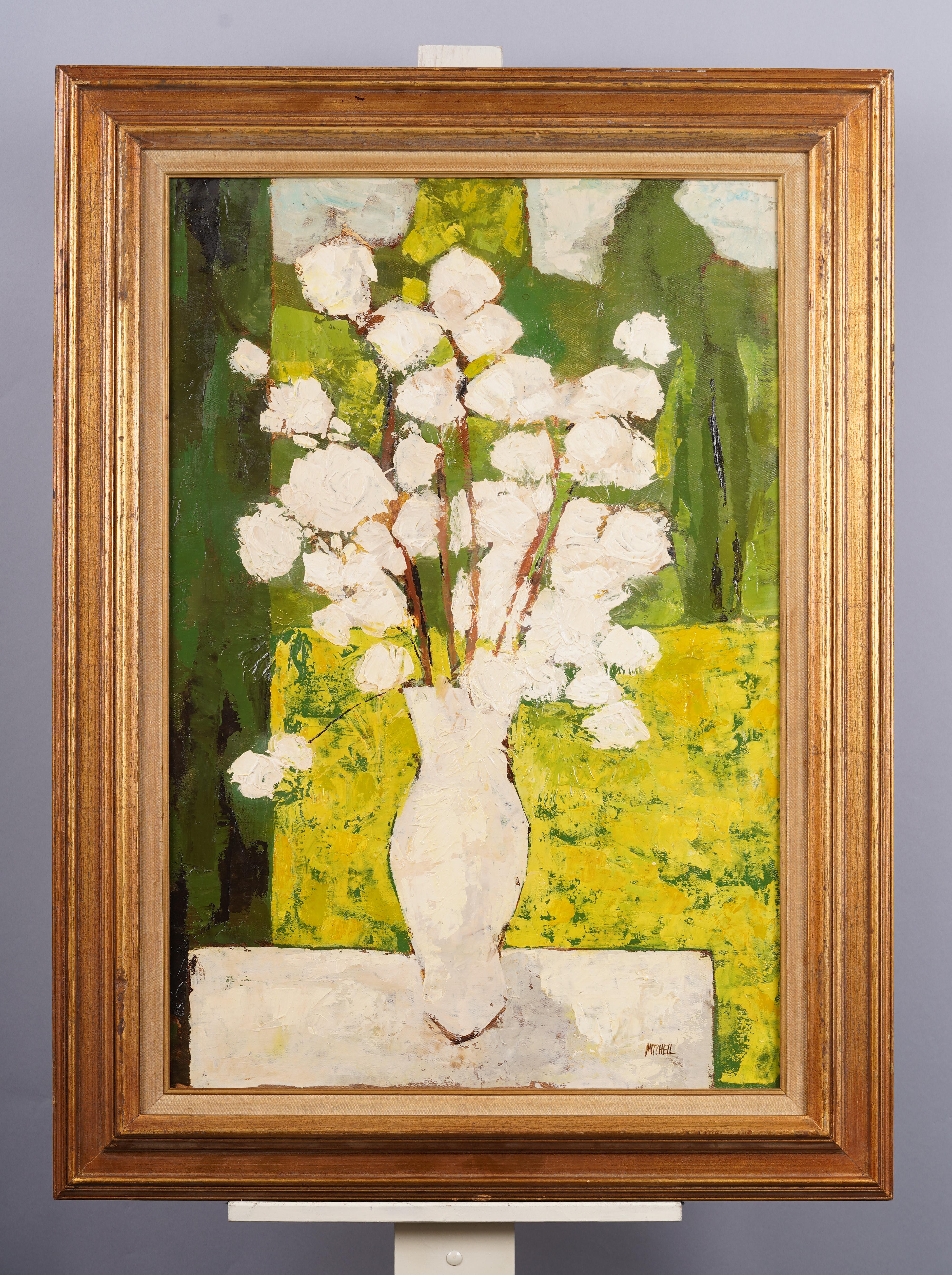 Grande pittura ad olio antica modernista americana con cornice e firma sulla natura morta floreale - Painting di Unknown