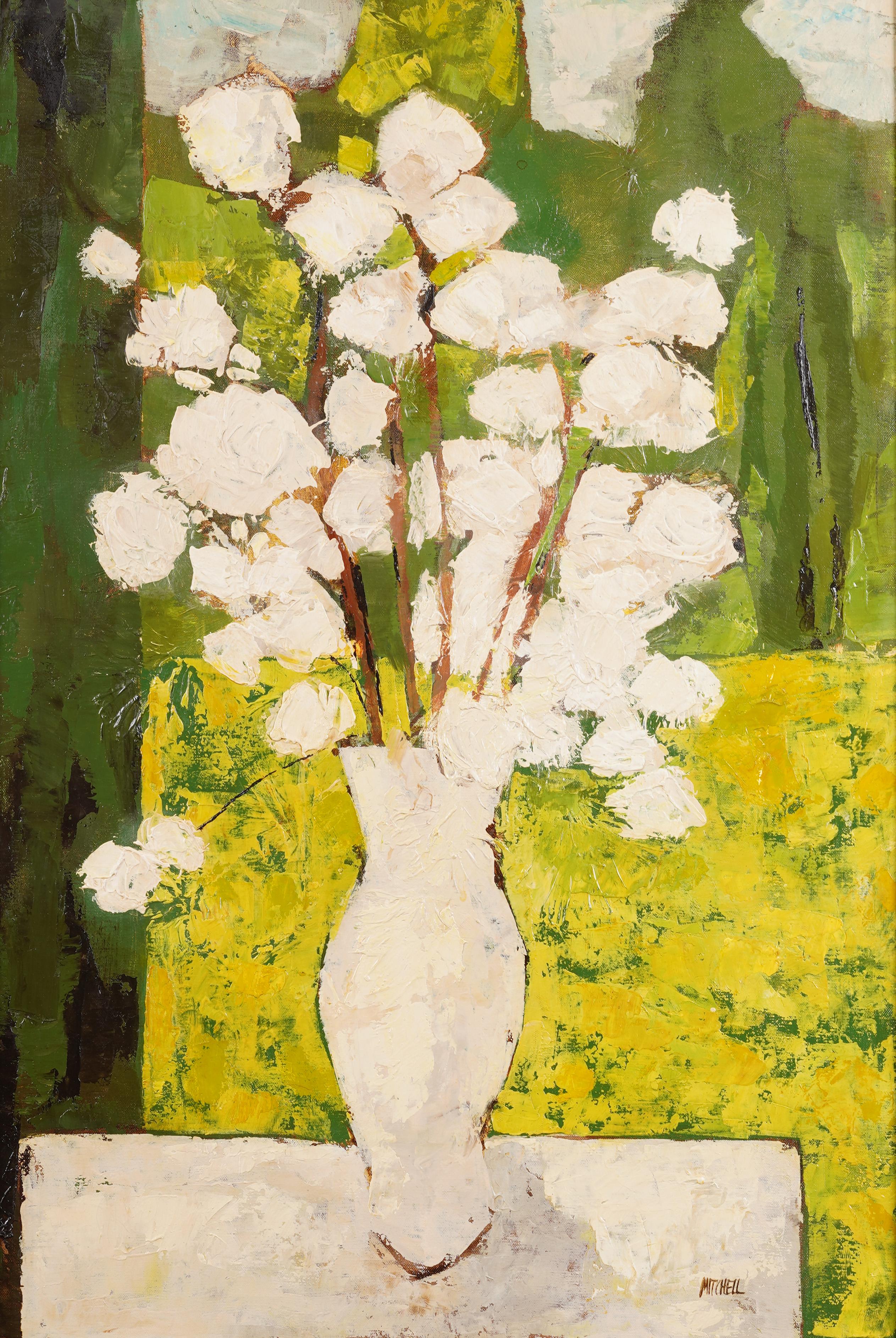 Grande pittura ad olio antica modernista americana con cornice e firma sulla natura morta floreale - Still-Life Painting Marrone di Unknown
