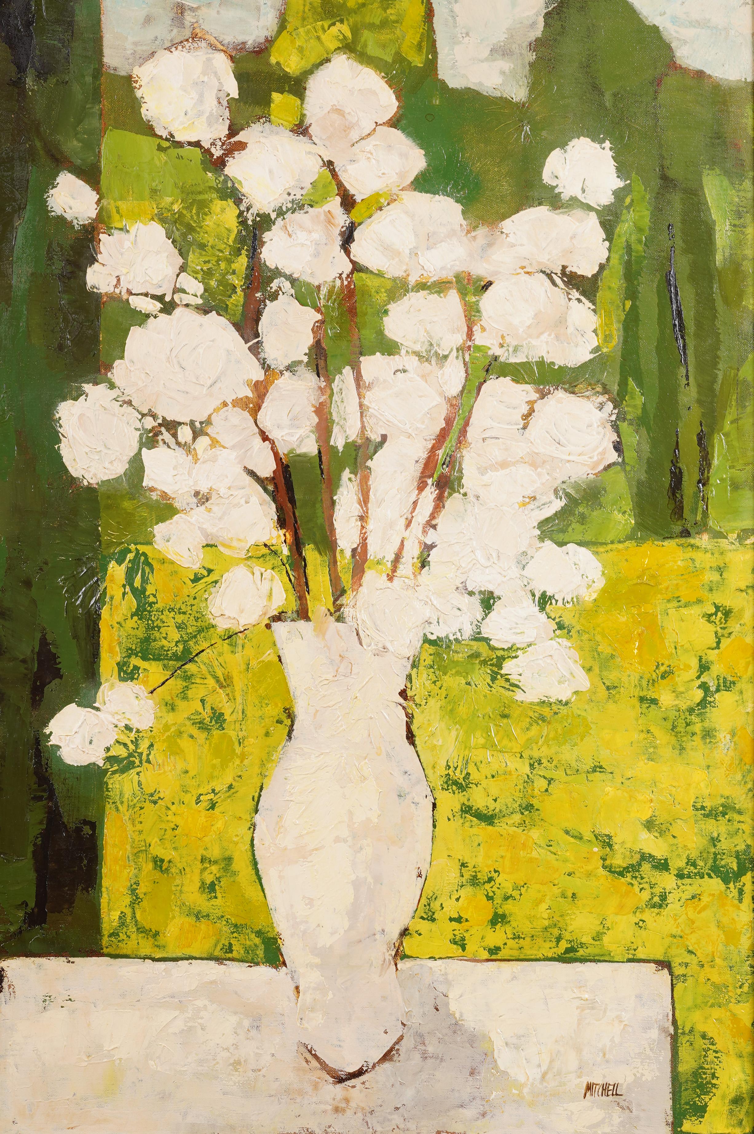Impressionante pittura a olio di natura morta floreale del primo modernismo americano.  Incorniciato.  Olio su tela.  Firmato.  Dimensioni dell'immagine, 36H per 24L.