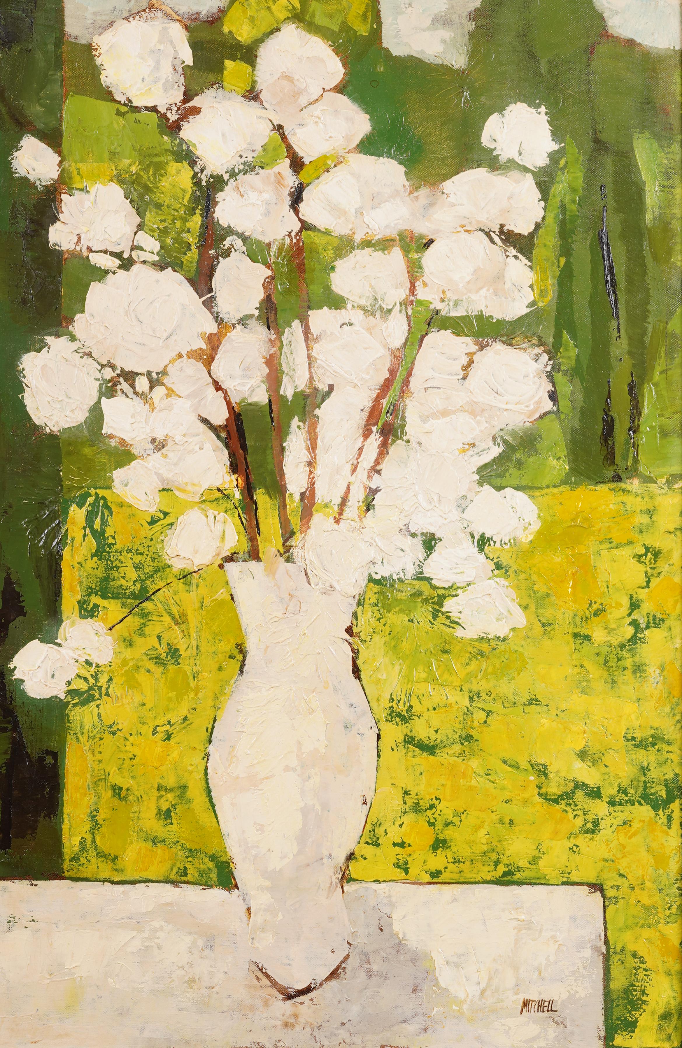 Grande pittura ad olio antica modernista americana con cornice e firma sulla natura morta floreale 1