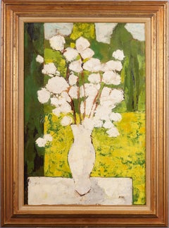 Grande pittura ad olio antica modernista americana con cornice e firma sulla natura morta floreale