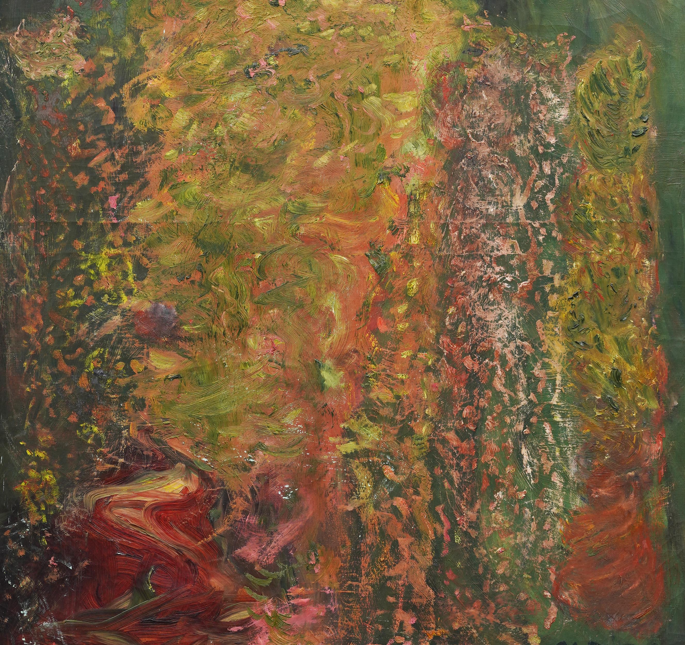 Cuadro al óleo abstracto de interior, grande, antiguo, modernista americano, enmarcado y firmado 1