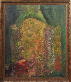 Cuadro al óleo abstracto de interior, grande, antiguo, modernista americano, enmarcado y firmado