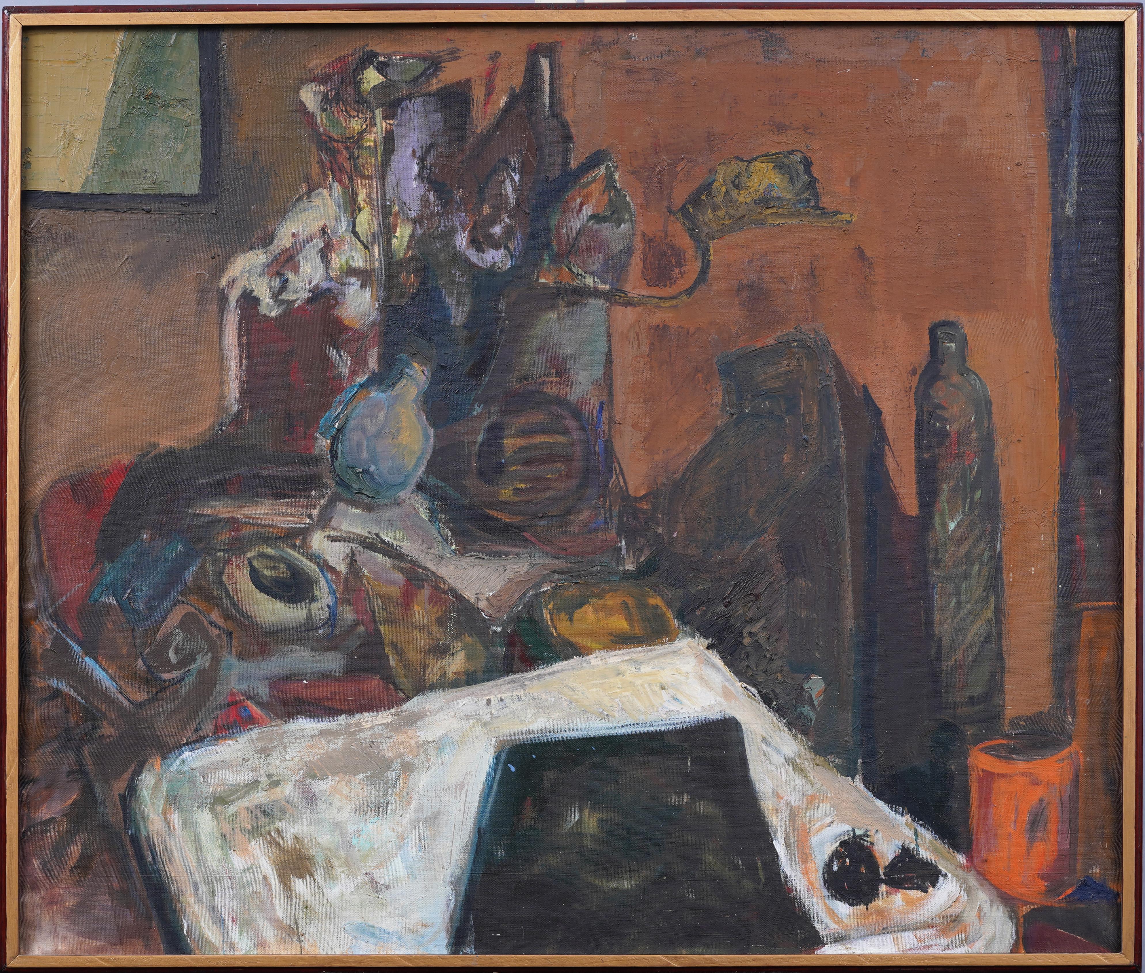 Large Antique American Modernist Interior Kitchen Still Life Cubist Oil Painting - Gray Still-Life Painting by Unknown