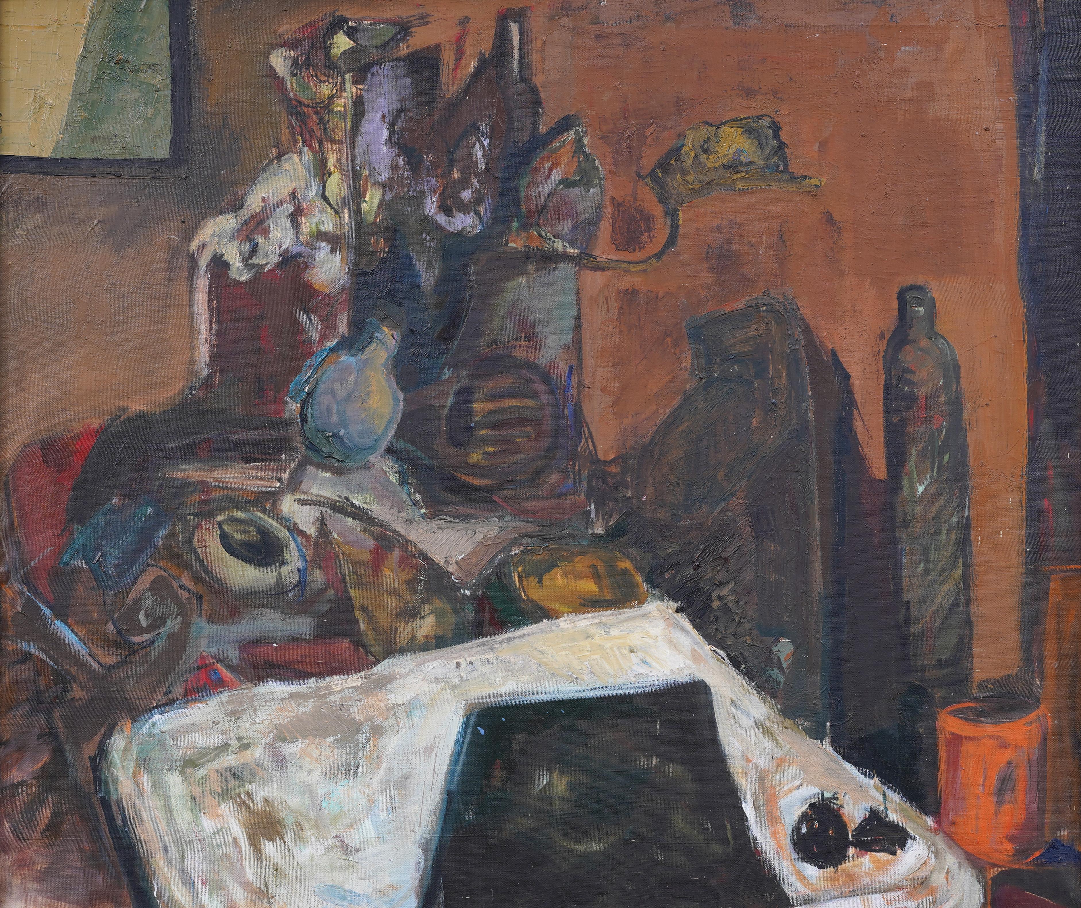 Impressive early American modernist interior view still life painting. Oil on canvas.  Framed.   Image size, 34 by 40 inches.  