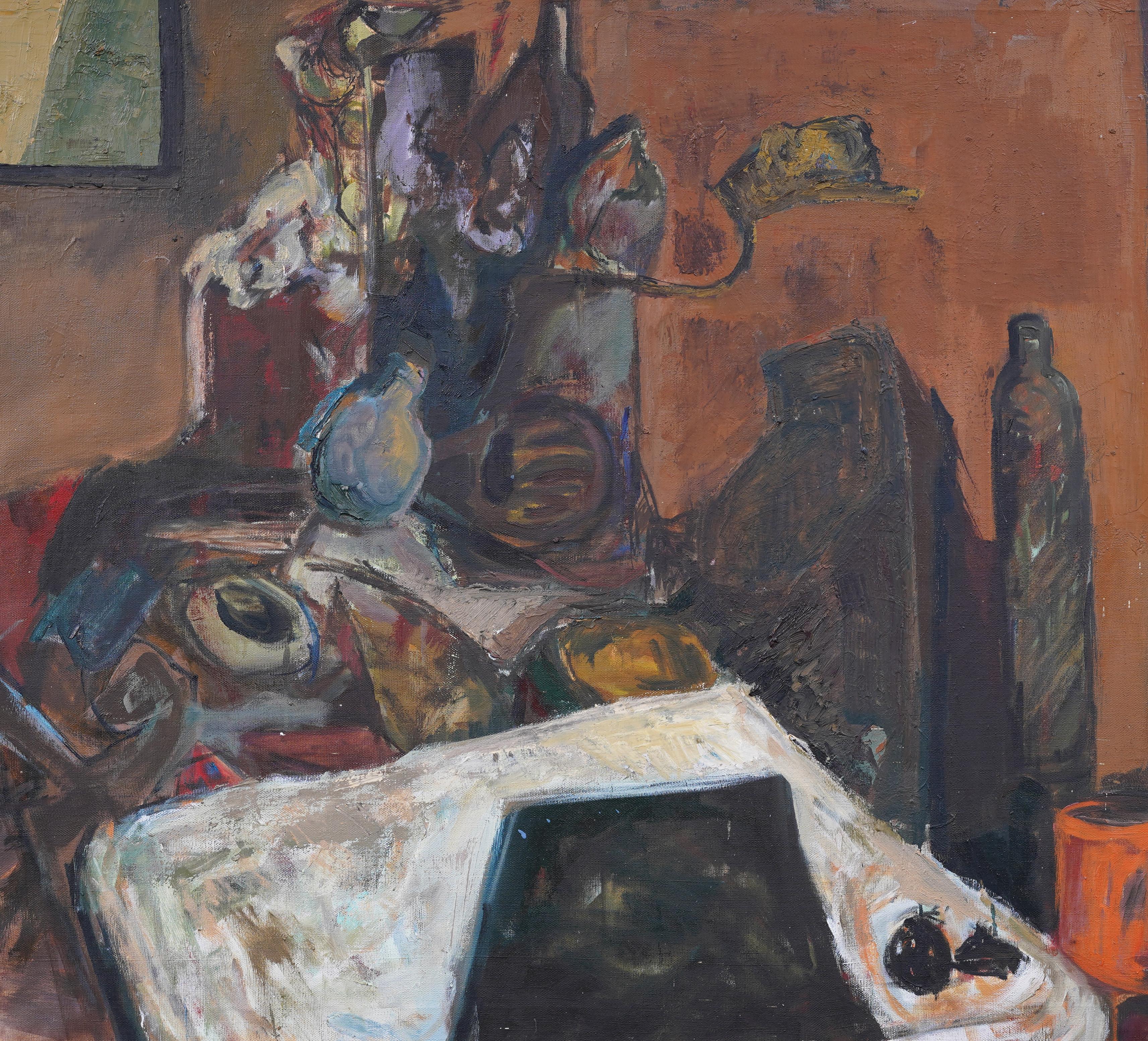 Large Antique American Modernist Interior Kitchen Still Life Cubist Oil Painting For Sale 1