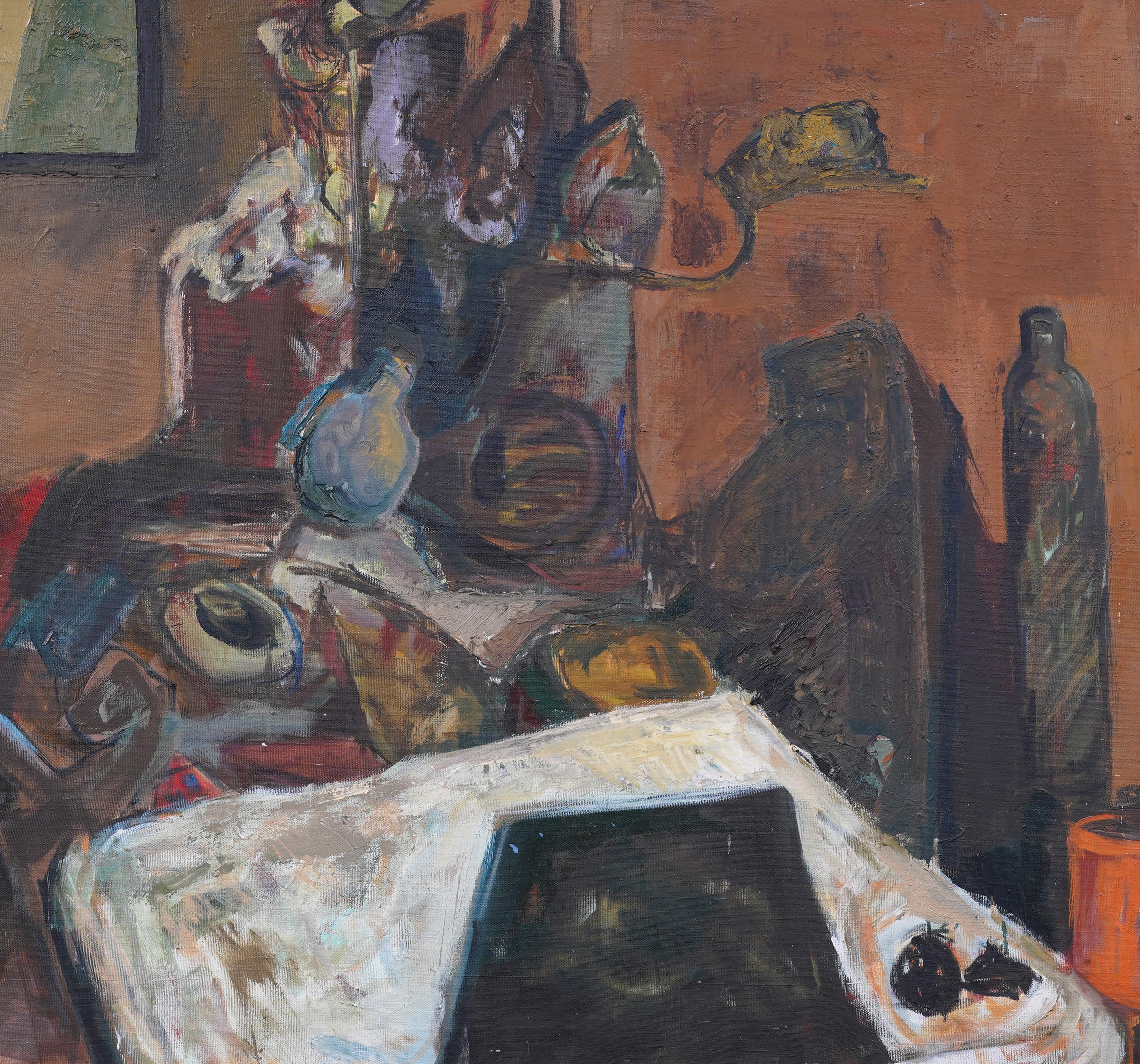Large Antique American Modernist Interior Kitchen Still Life Cubist Oil Painting For Sale 2