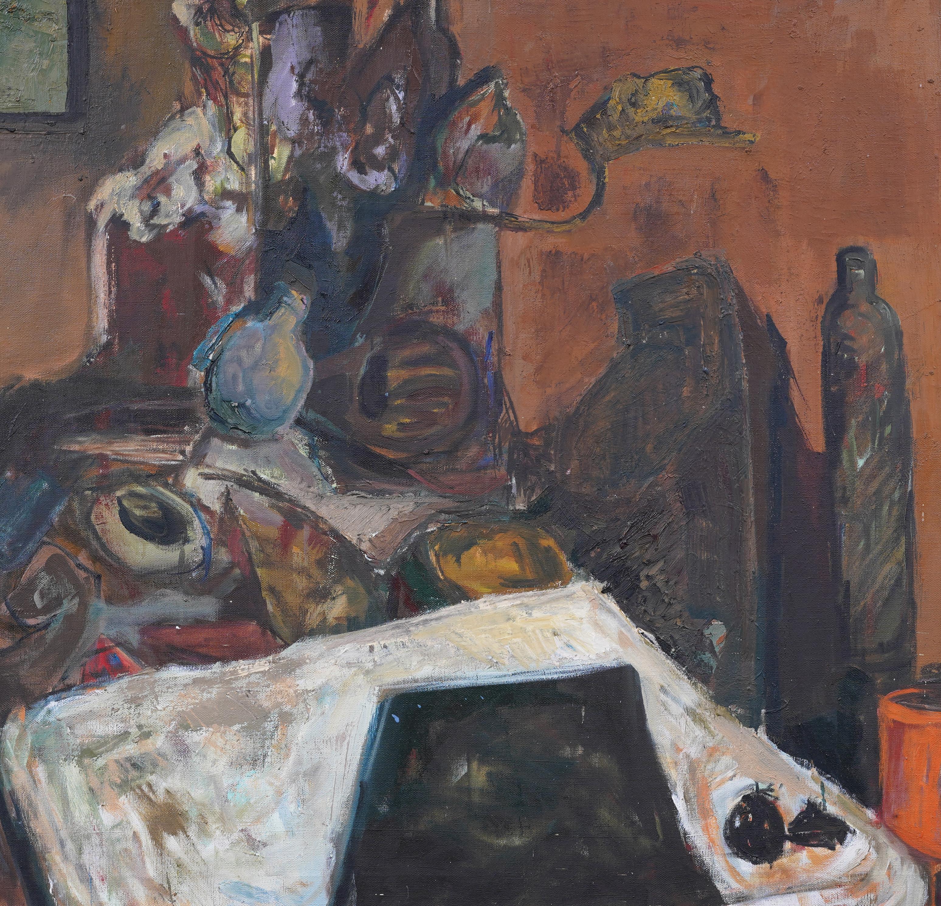 Large Antique American Modernist Interior Kitchen Still Life Cubist Oil Painting For Sale 3