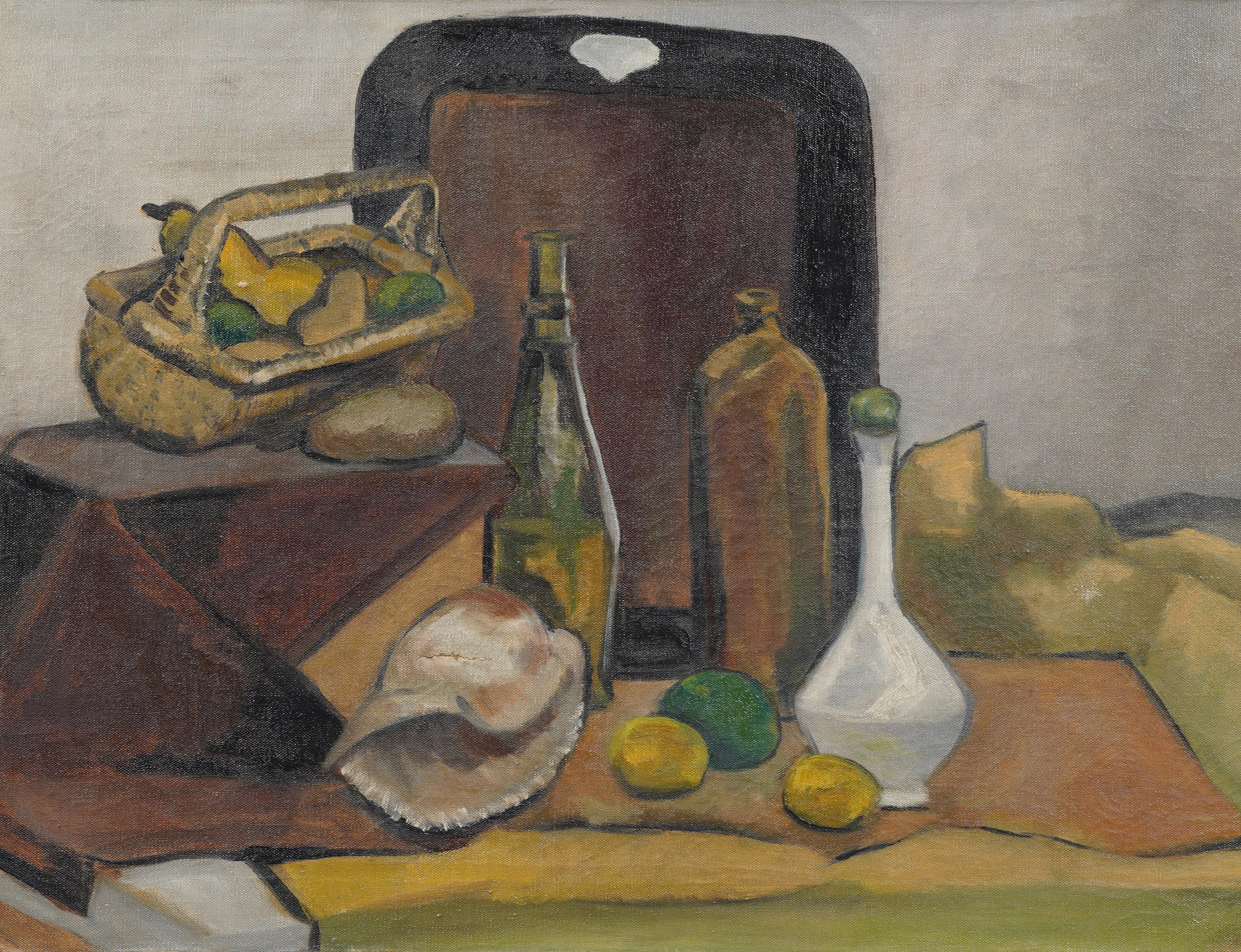 Große antike amerikanische Modernist Stillleben 1940er Jahre schön gerahmt Ölgemälde (Grau), Still-Life Painting, von Unknown