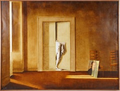 Large Vintage American Modernist Trompe L'Oeil Interior Nude Signed Oil Painting