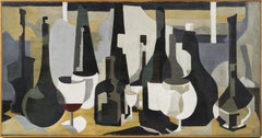 Large Antique American School Modernist Still Life Cubist Wine Oil Painting