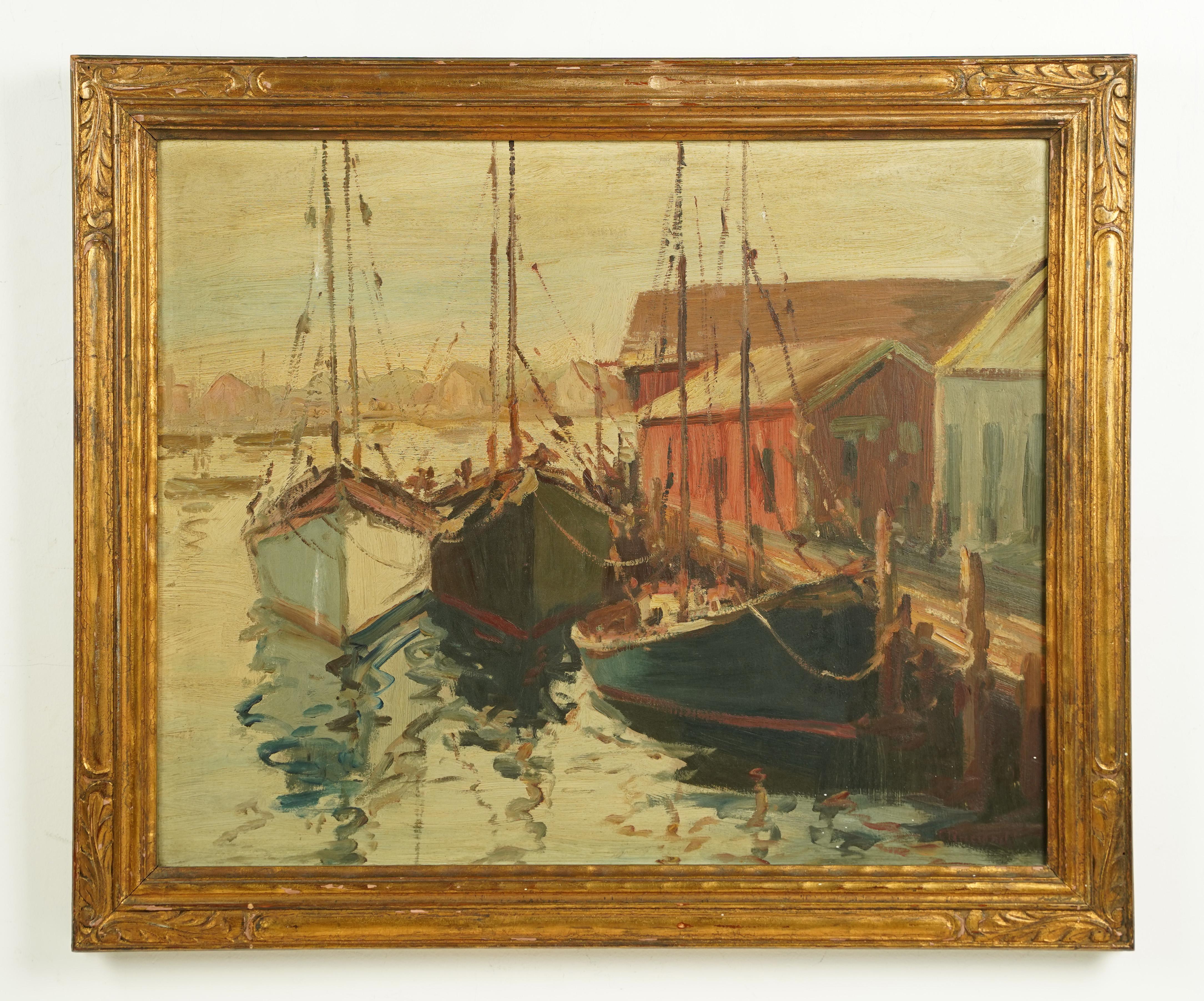 Large Antique American School Nicely Framed Gloucester Harbor Rare Oil Painting 1