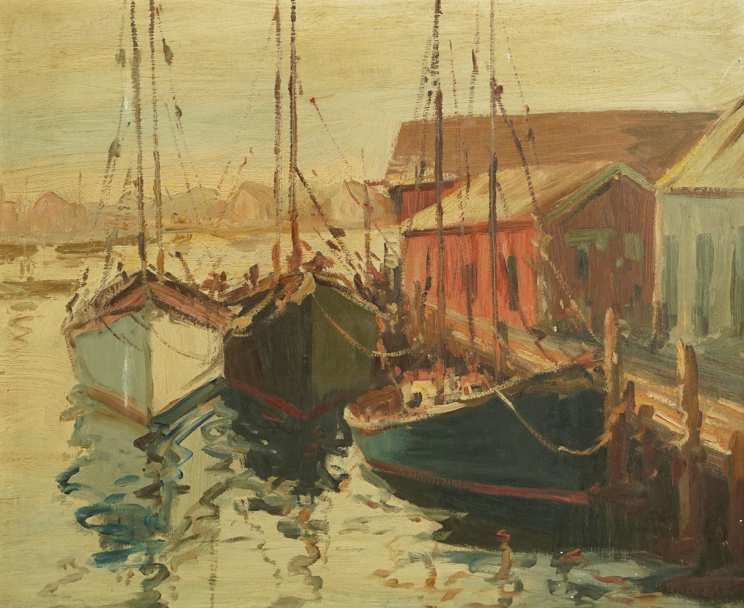 Large Antique American School Nicely Framed Gloucester Harbor Rare Oil Painting 2